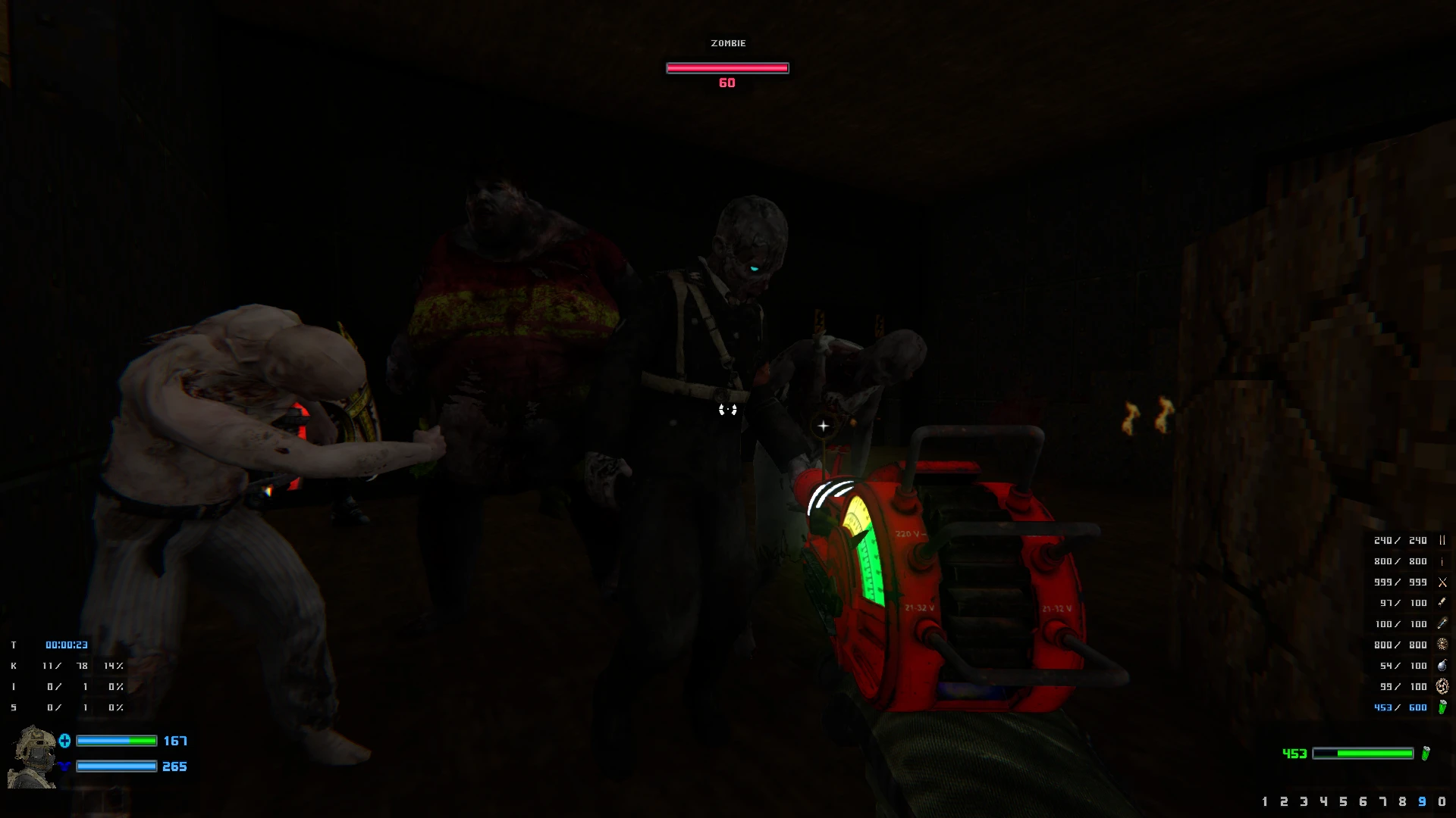 Player aims red futuristic weapon at approaching zombies inside a dark room in Doom II Painkiller Mutilator mod