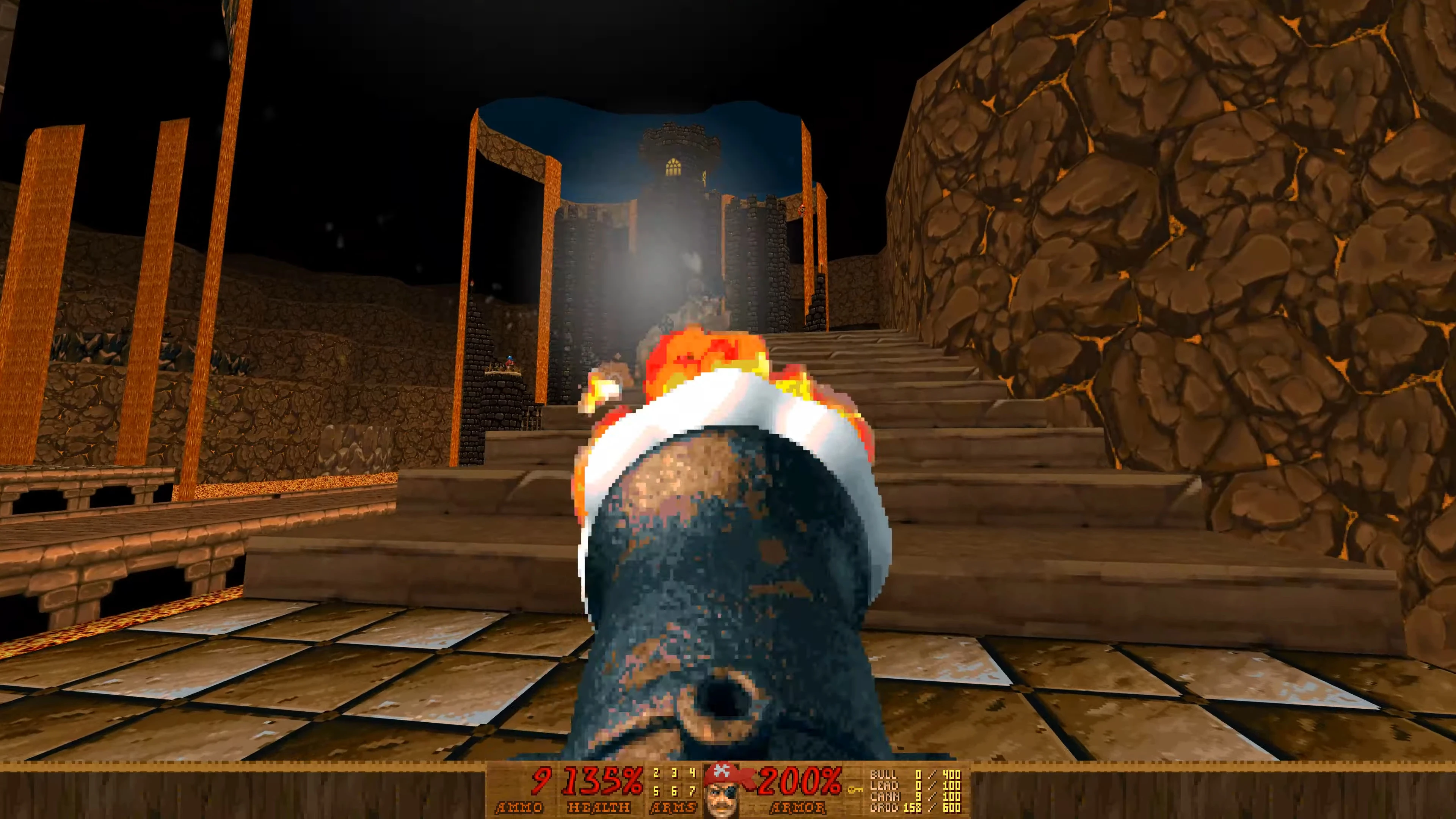 First-person view aiming a cannon in a castle fortress environment with lava and rocky walls in Pirate Doom 2 mod