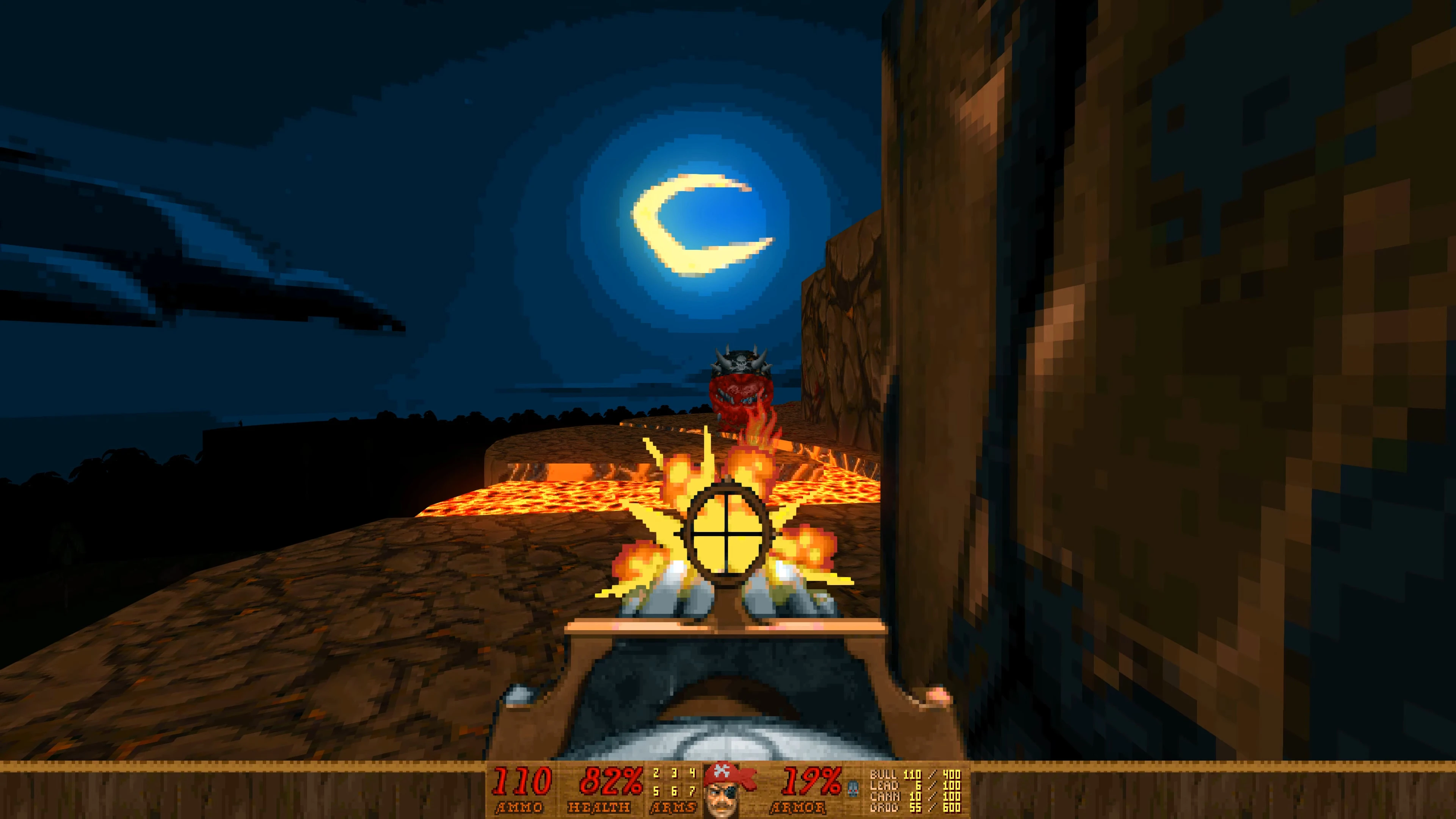 First-person view aiming flaming weapon at a red horned monster on a lava path under crescent moon in Doom II mod