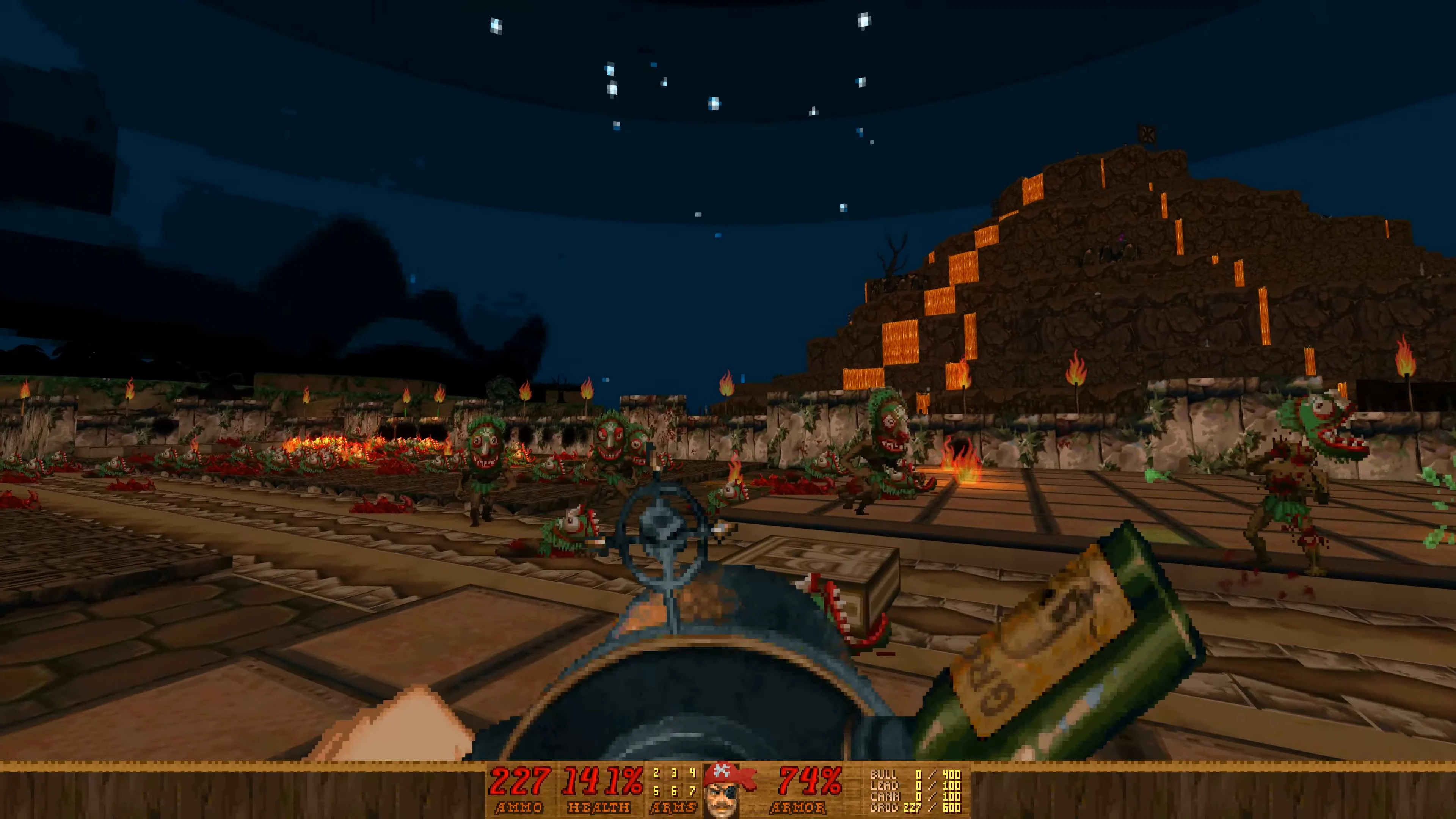 First-person view in Doom II mod Pirate Doom 2 showing player aiming rifle at tribal demon enemies in fiery ruin