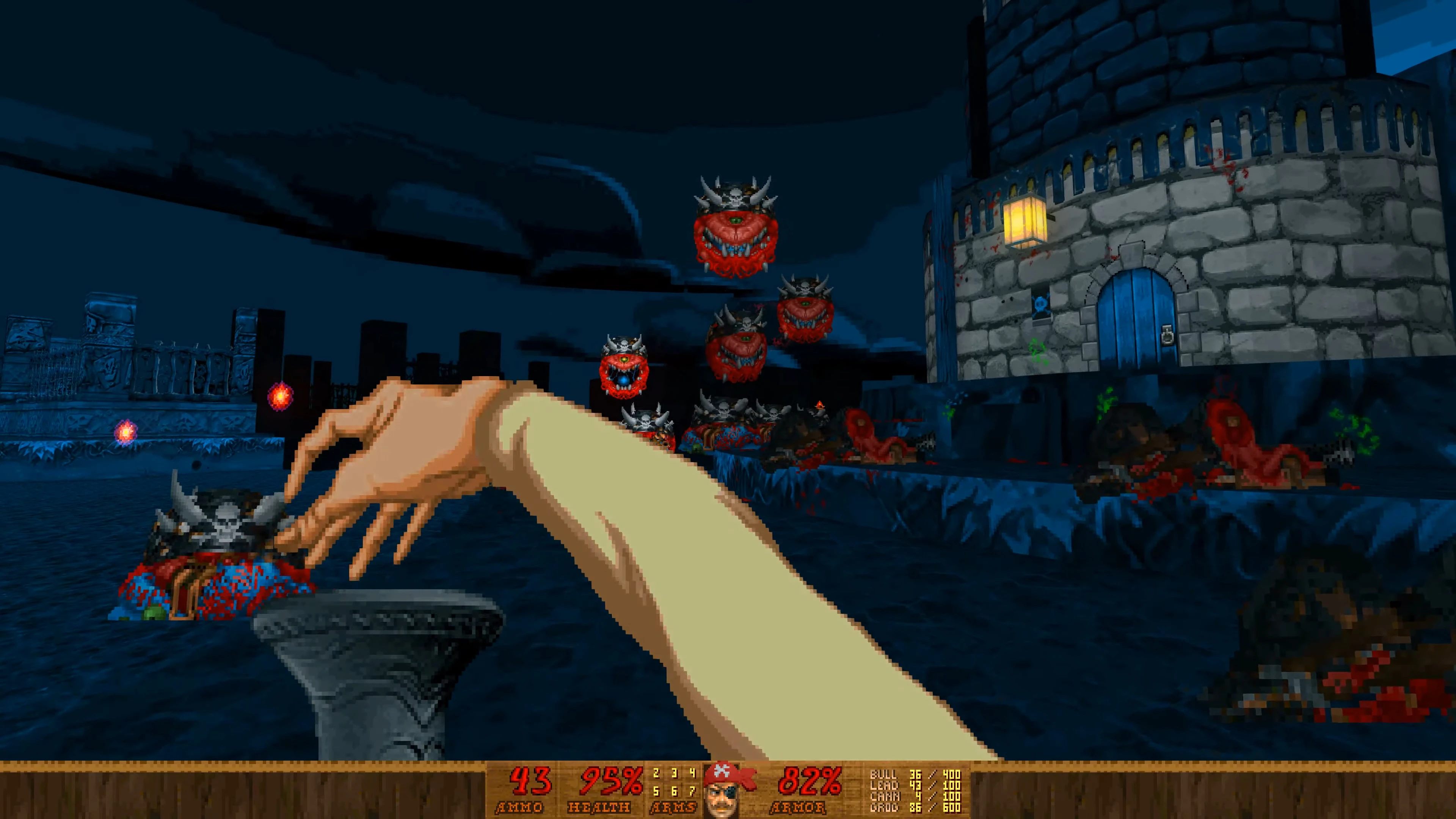 In-game screenshot showing a dark castle and multiple lost souls flying around with the player’s hand and HUD visible