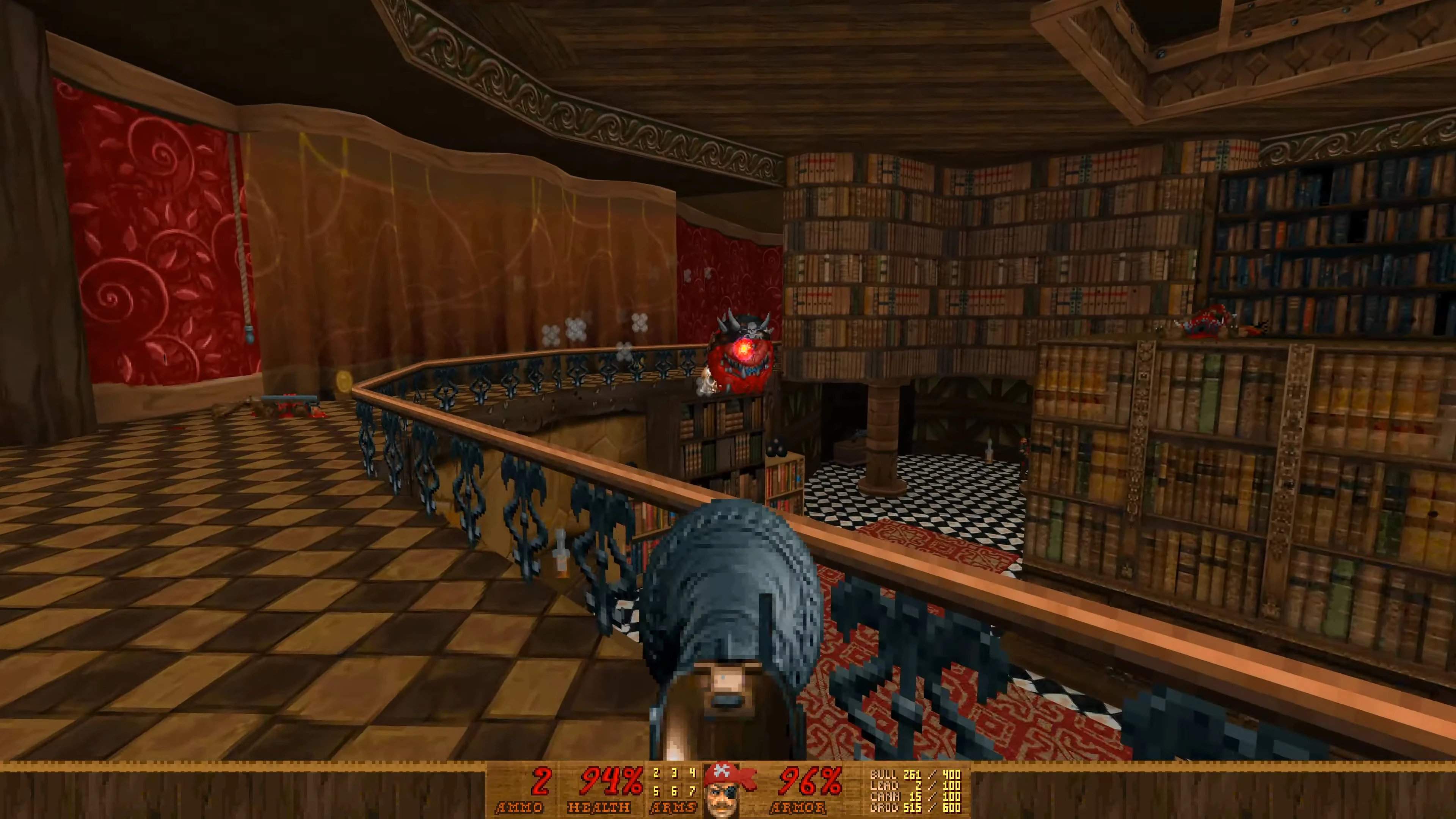 First-person view with shotgun aiming at a flying Cacodemon inside a library with wooden and red decor in Pirate Doom 2 mod