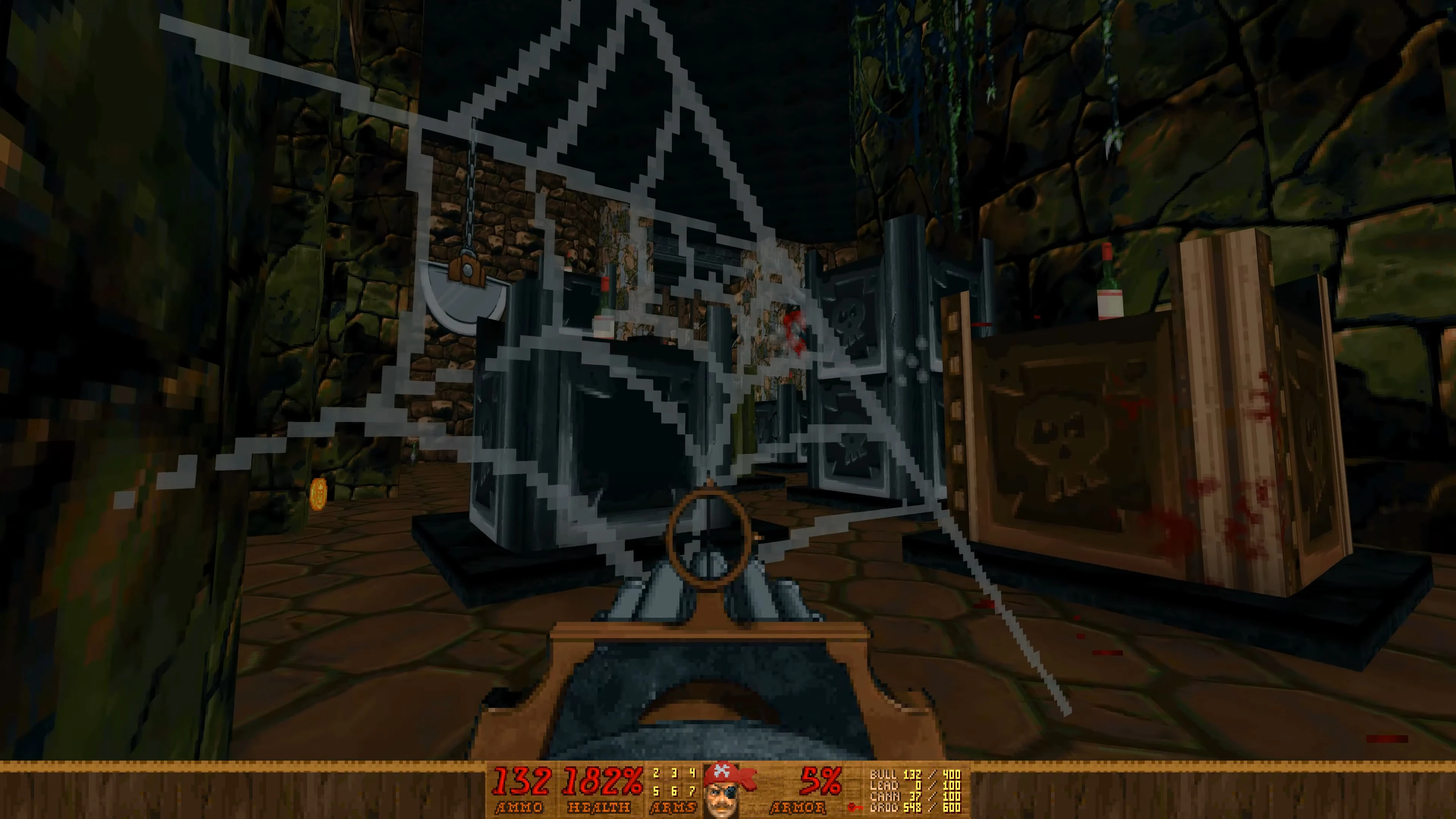 First-person view shooting at a pirate-themed environment with wooden crates and skull emblems in Pirate Doom 2 mod