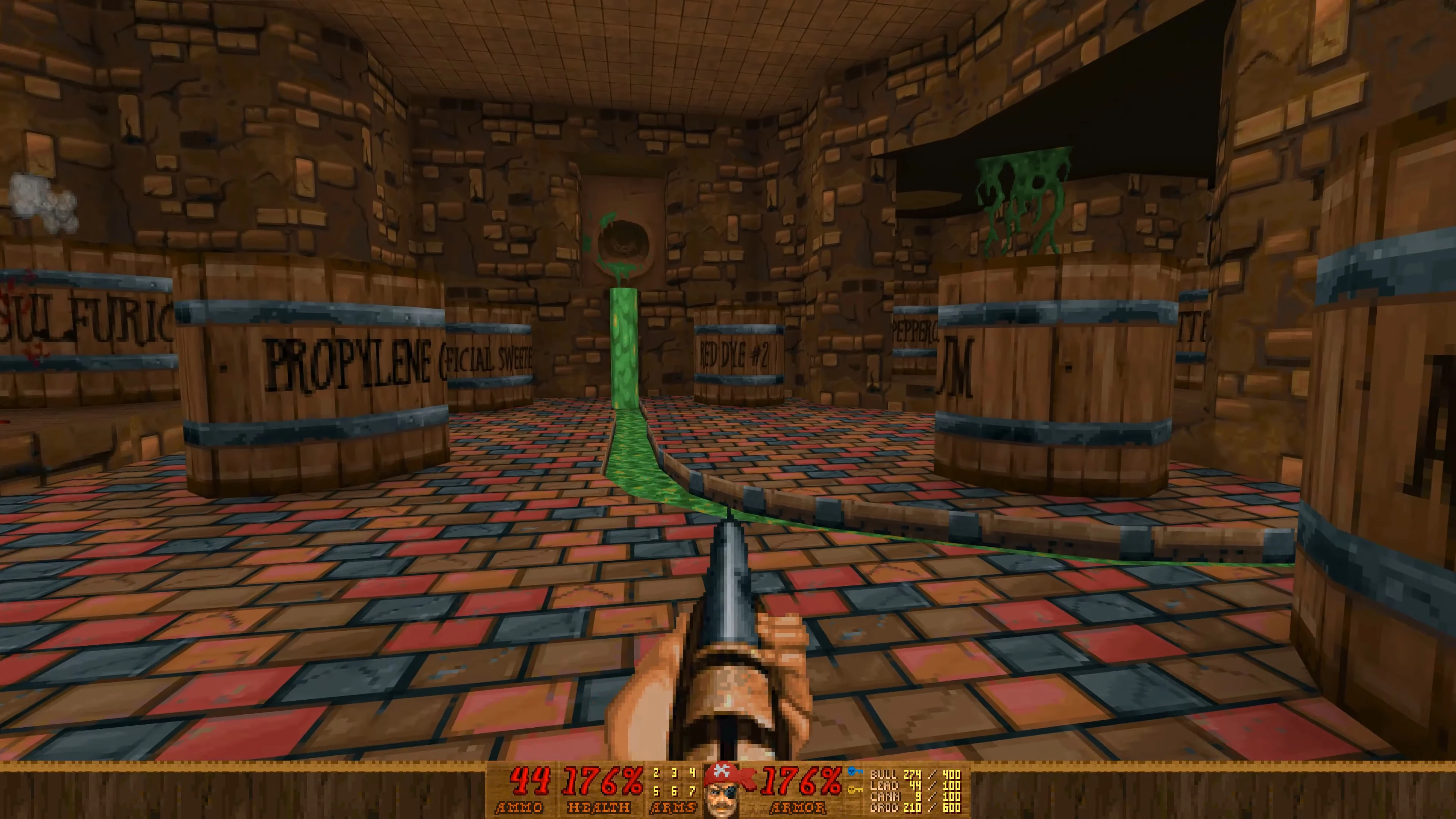 First-person view inside a textured room with wooden barrels, green slime, and a shotgun weapon in Pirate Doom 2