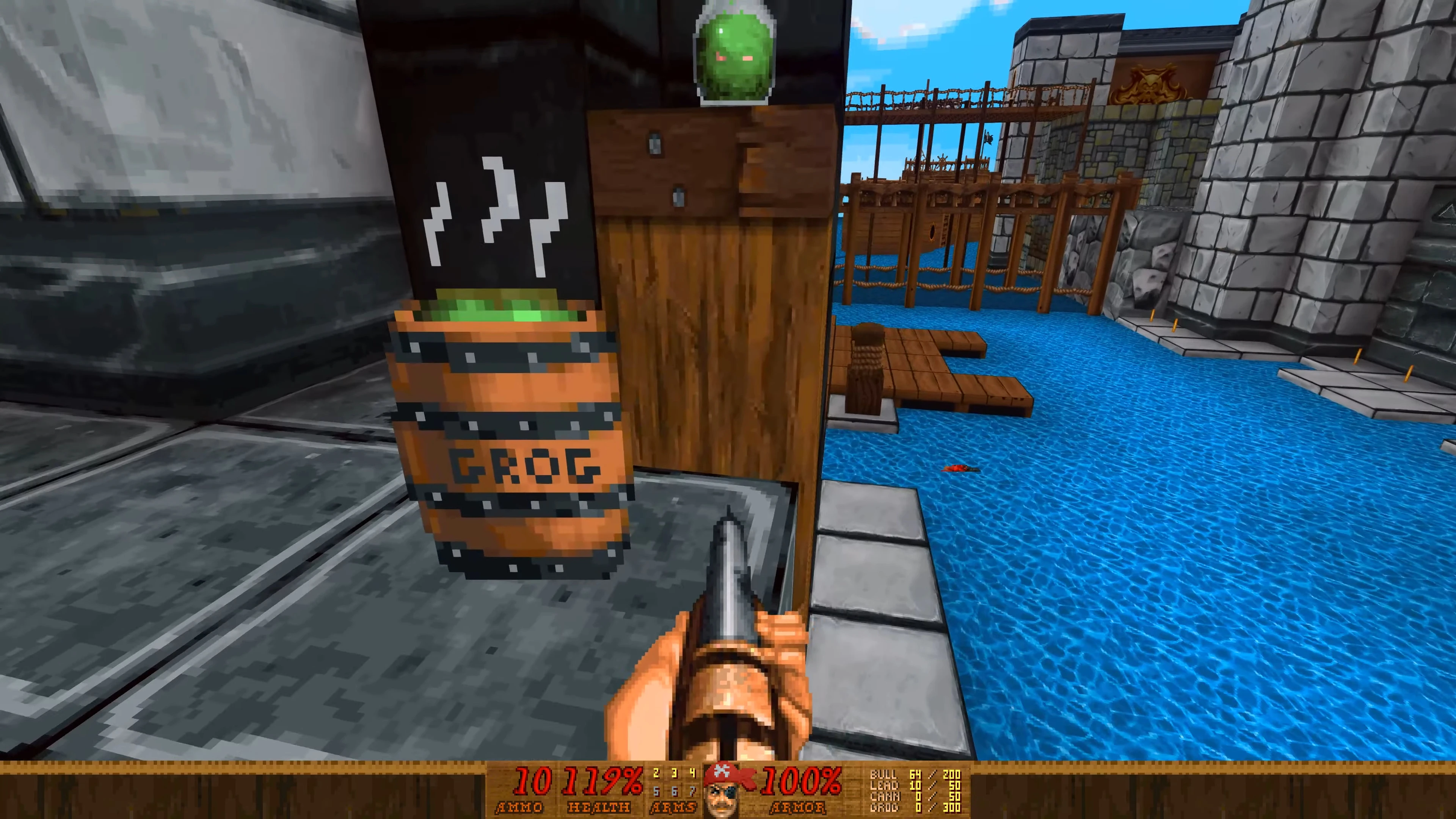 Screenshot from Pirate Doom 2 mod for Doom II featuring a barrel marked Grog and a wooden dock over water