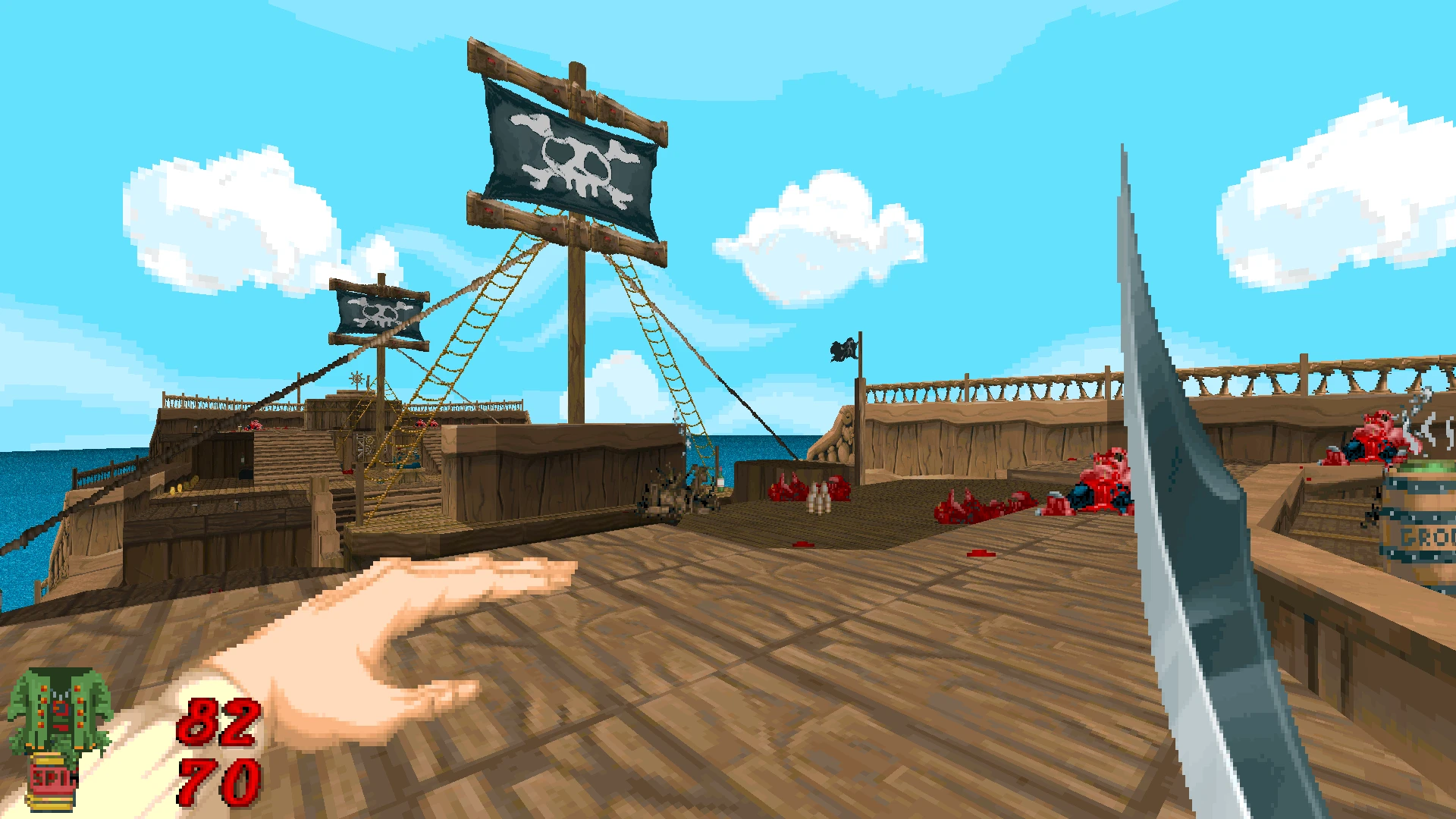 First-person view of a pirate ship deck with skull flag sails and melee weapon in Doom II Pirate Doom 2 mod