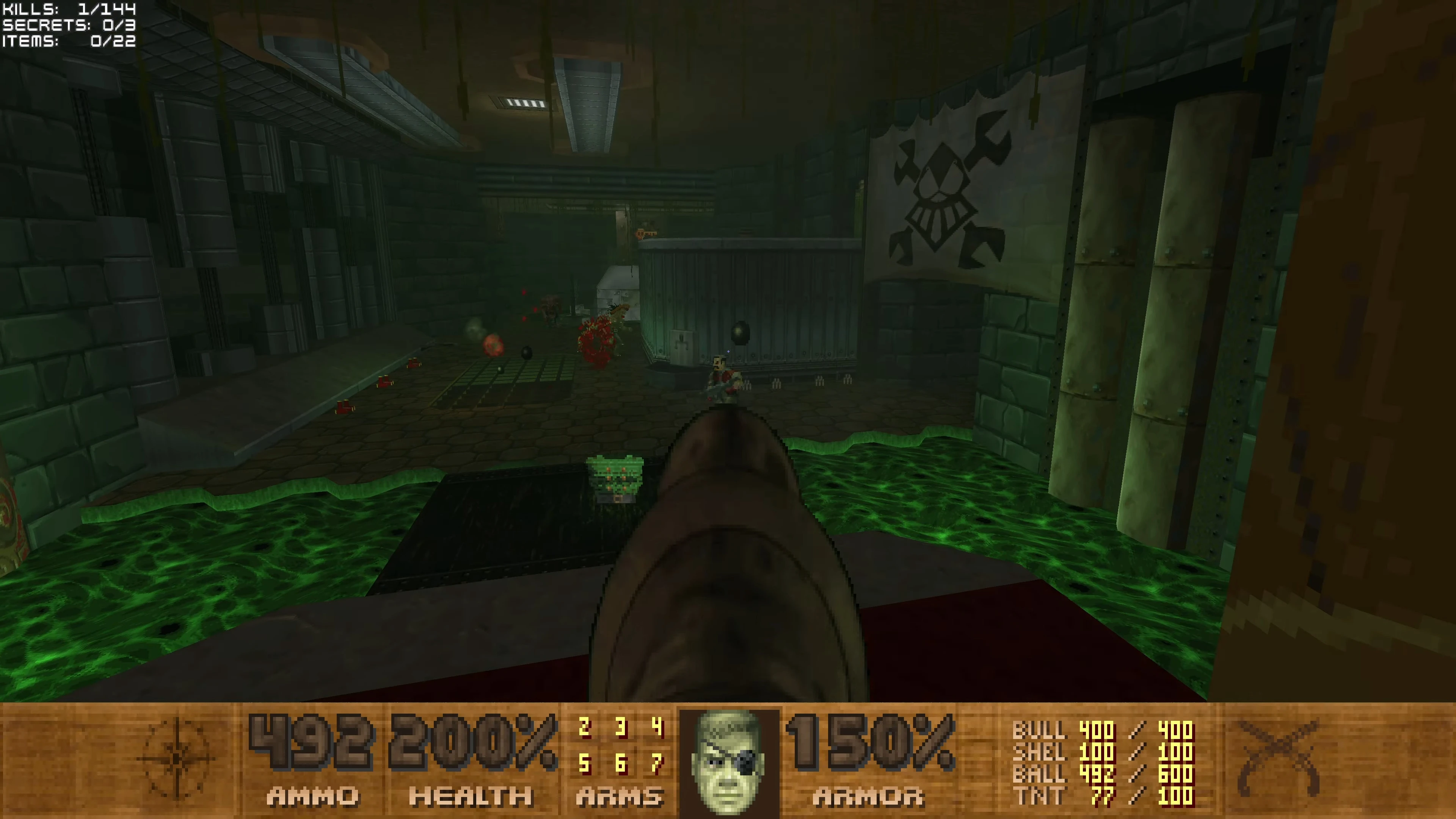 First-person view of player shooting at enemies in a green toxic sewer with industrial walls and pirate flag
