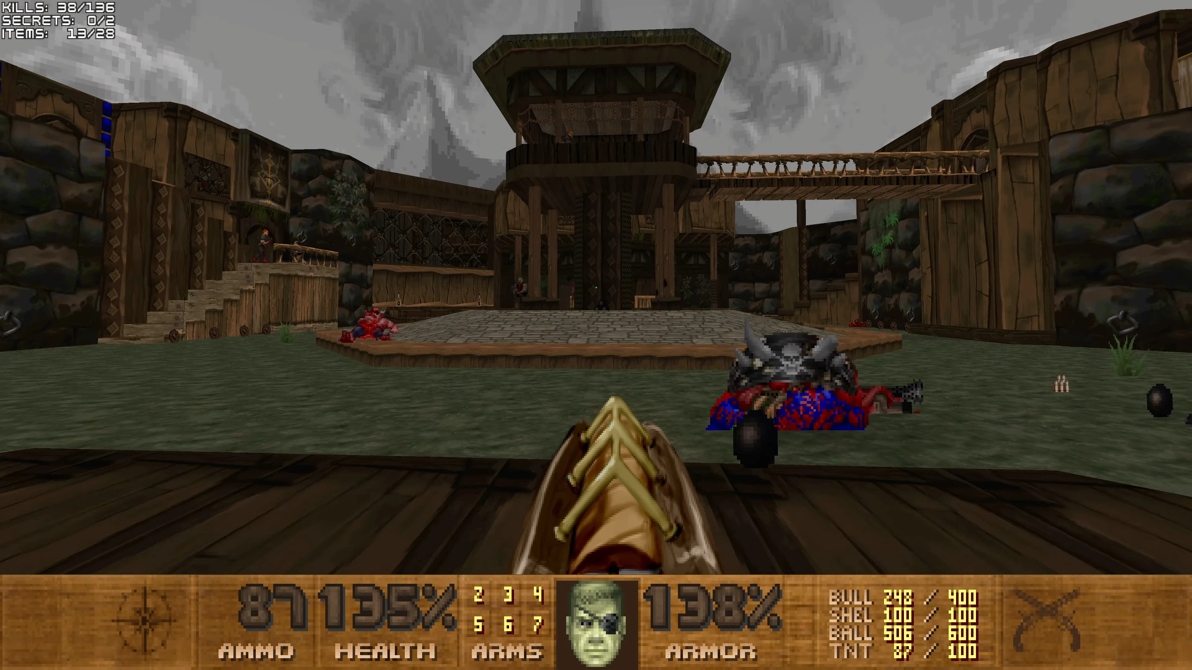 First-person view showing a wooden fortress with enemies and stats from Doom II Pirate Doom mod