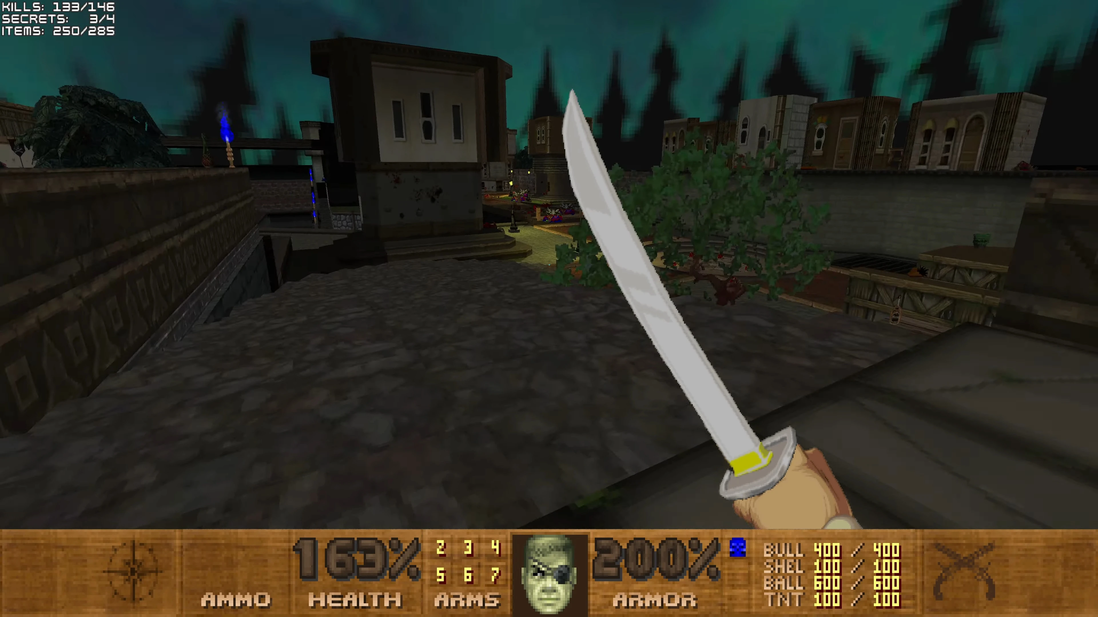 First-person view showing a katana sword in hand overlooking a dark cityscape at night in Pirate Doom mod