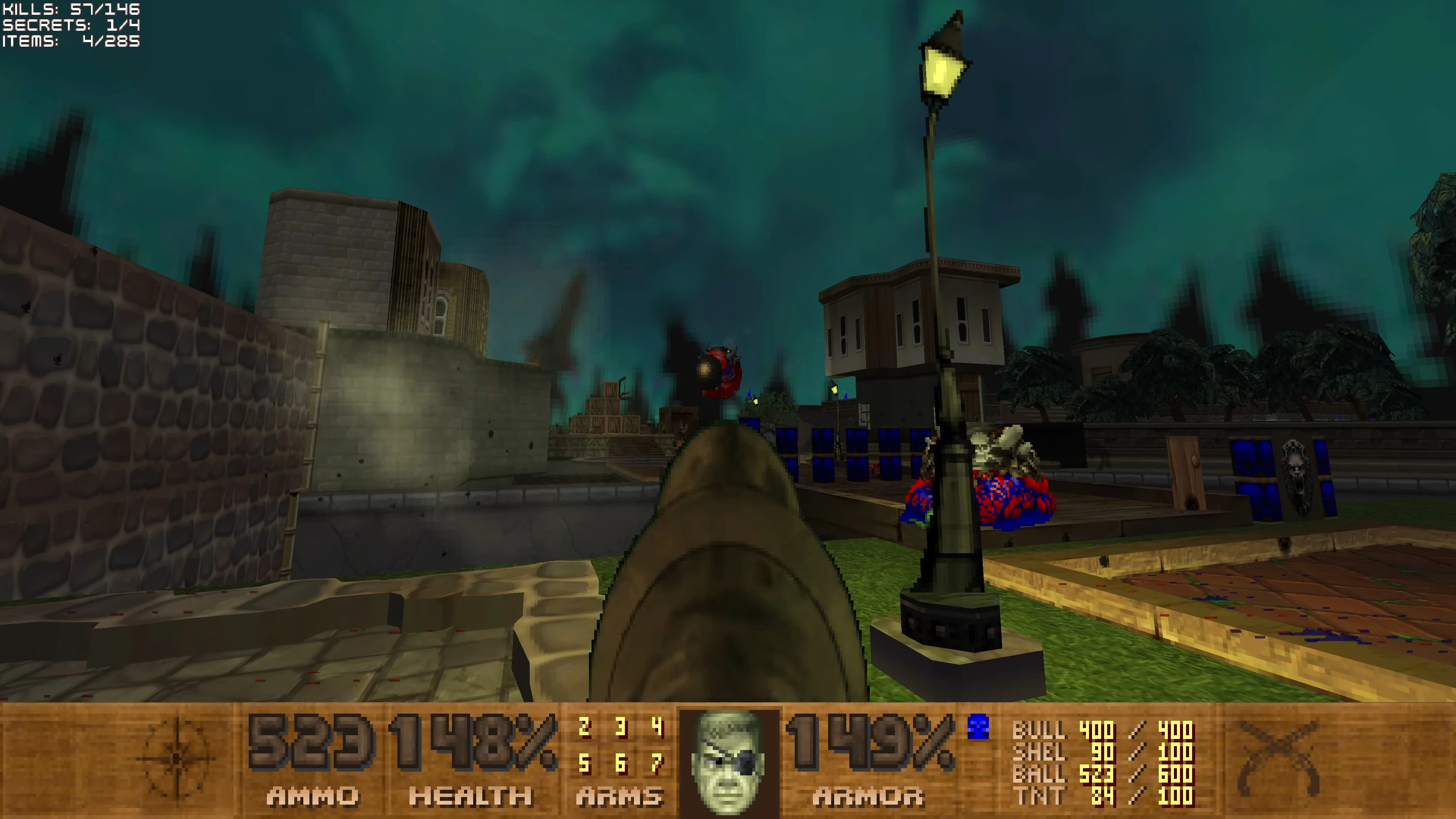 First-person view in Pirate Doom mod for Doom II showing weapon aiming at enemies under green sky