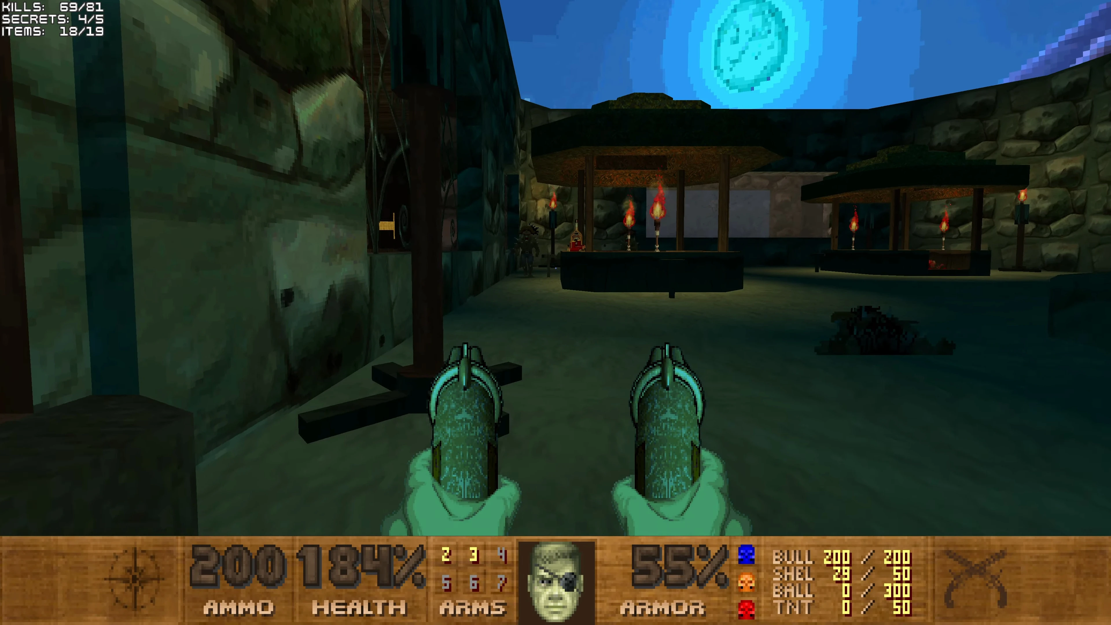 In-game view showing dual pistols aiming towards a market area with torches under a bright blue sky in Pirate Doom mod