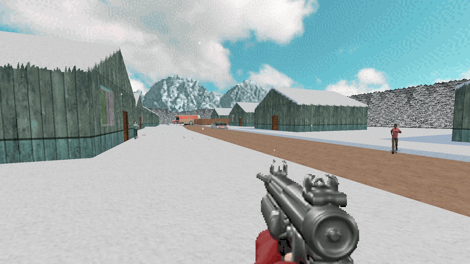 Vista en primera persona de un jugador con un arma en un pueblo nevado con casas pixeladas y montañas al fondo