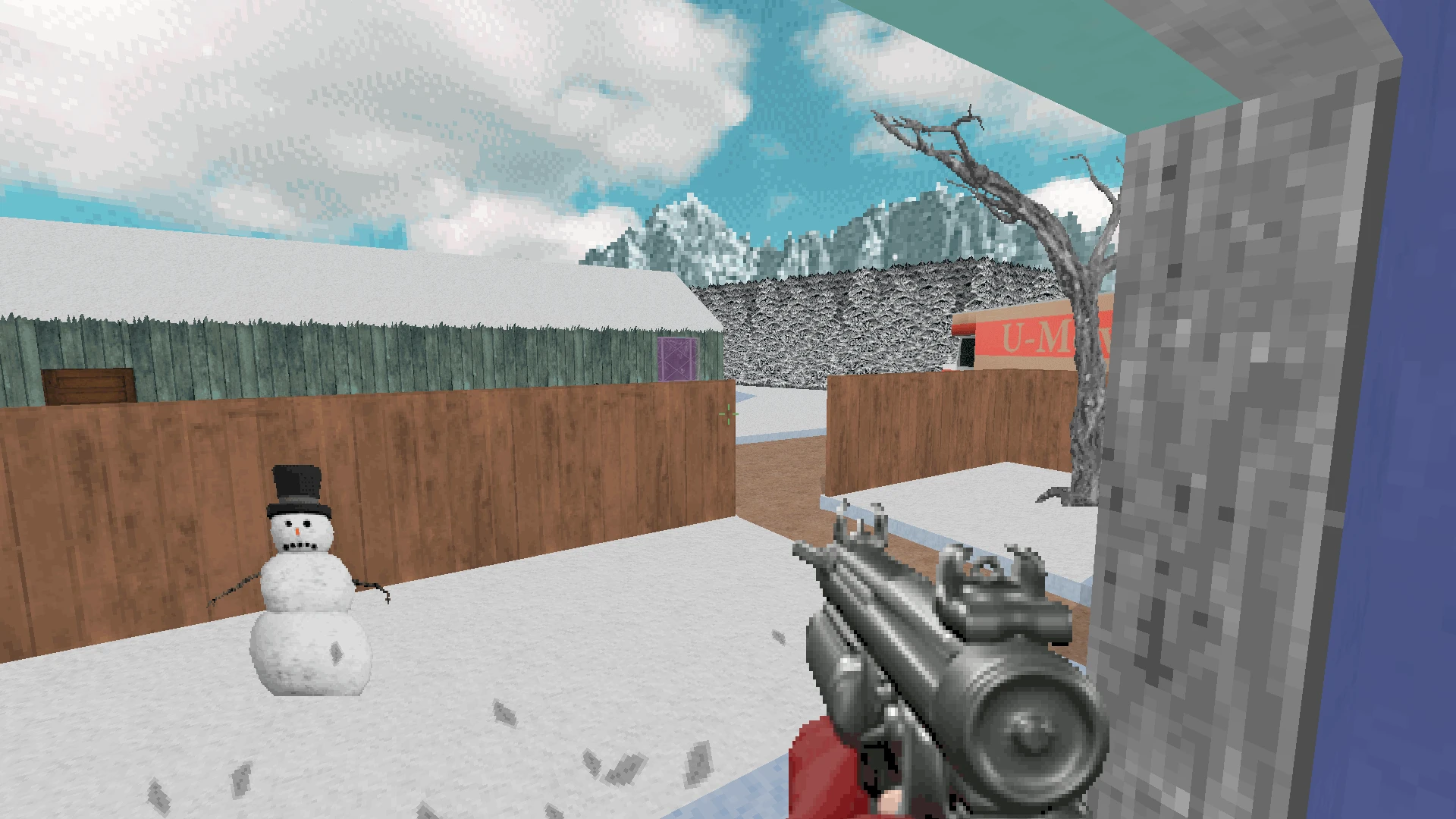Vista en primera persona en área exterior nevada con muñeco de nieve, cercas de madera y arma futurista en mod POSTAL Red Letter Day para Doom II
