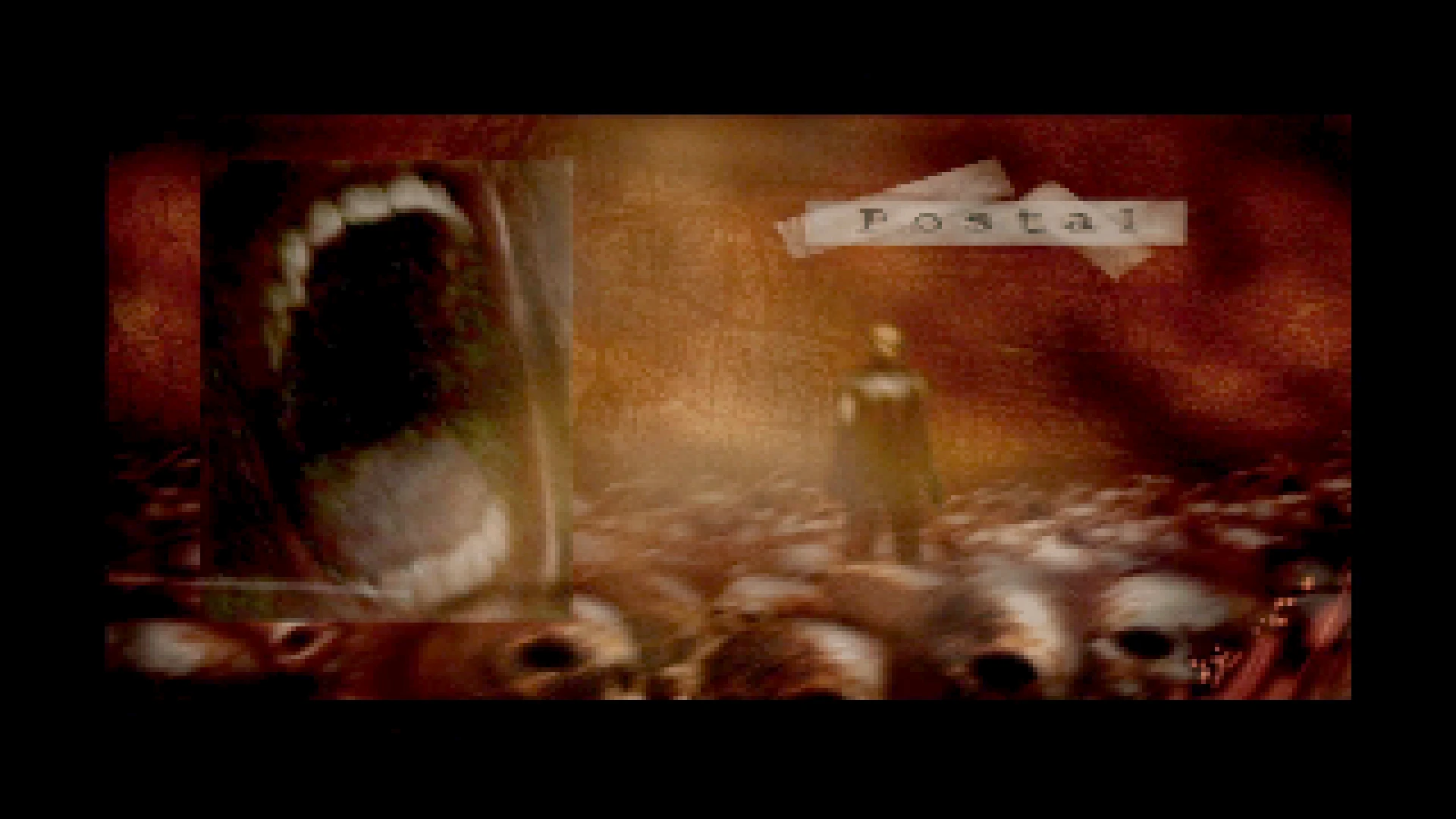 Escena borrosa del mod Doom II POSTAL Red Letter Day con figura entre calaveras y gran boca gritando