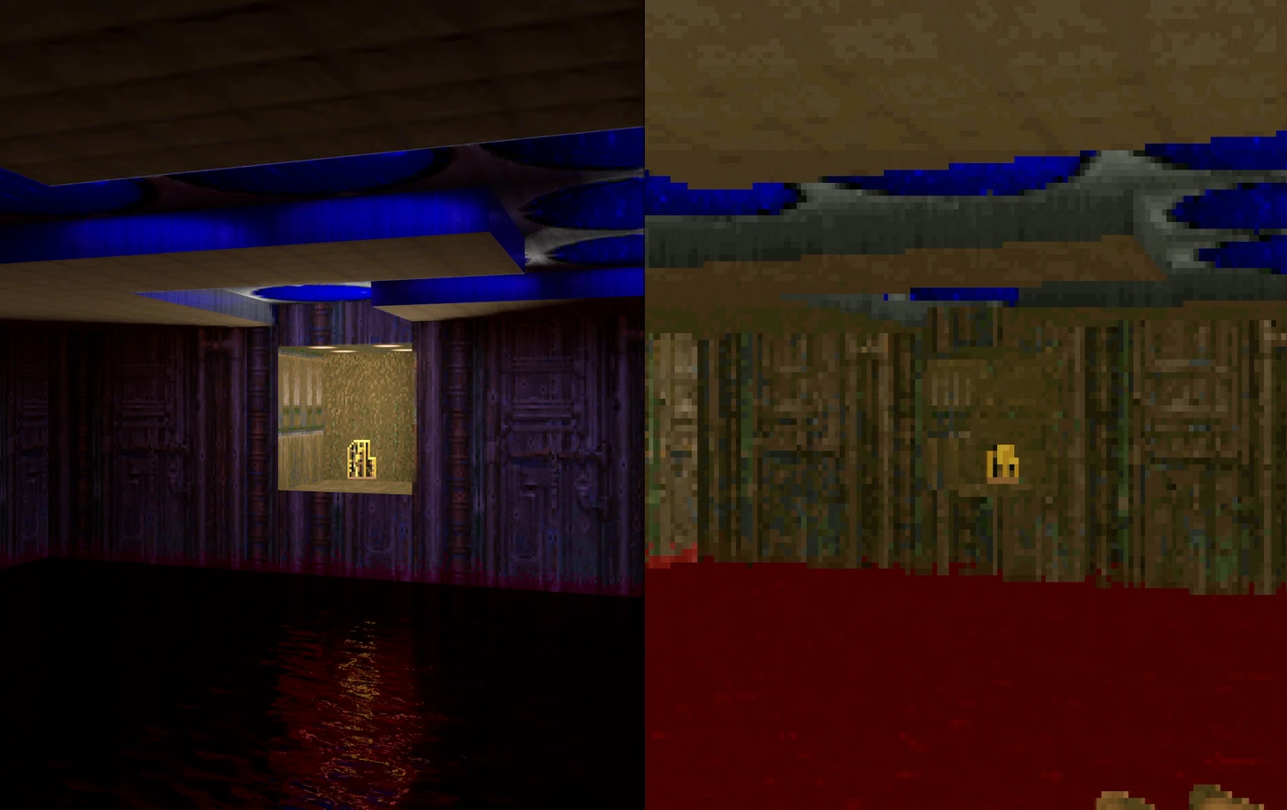 Imágenes comparativas lado a lado del gráfico original y mod ray traced en Doom II mostrando iluminación y reflejos mejorados