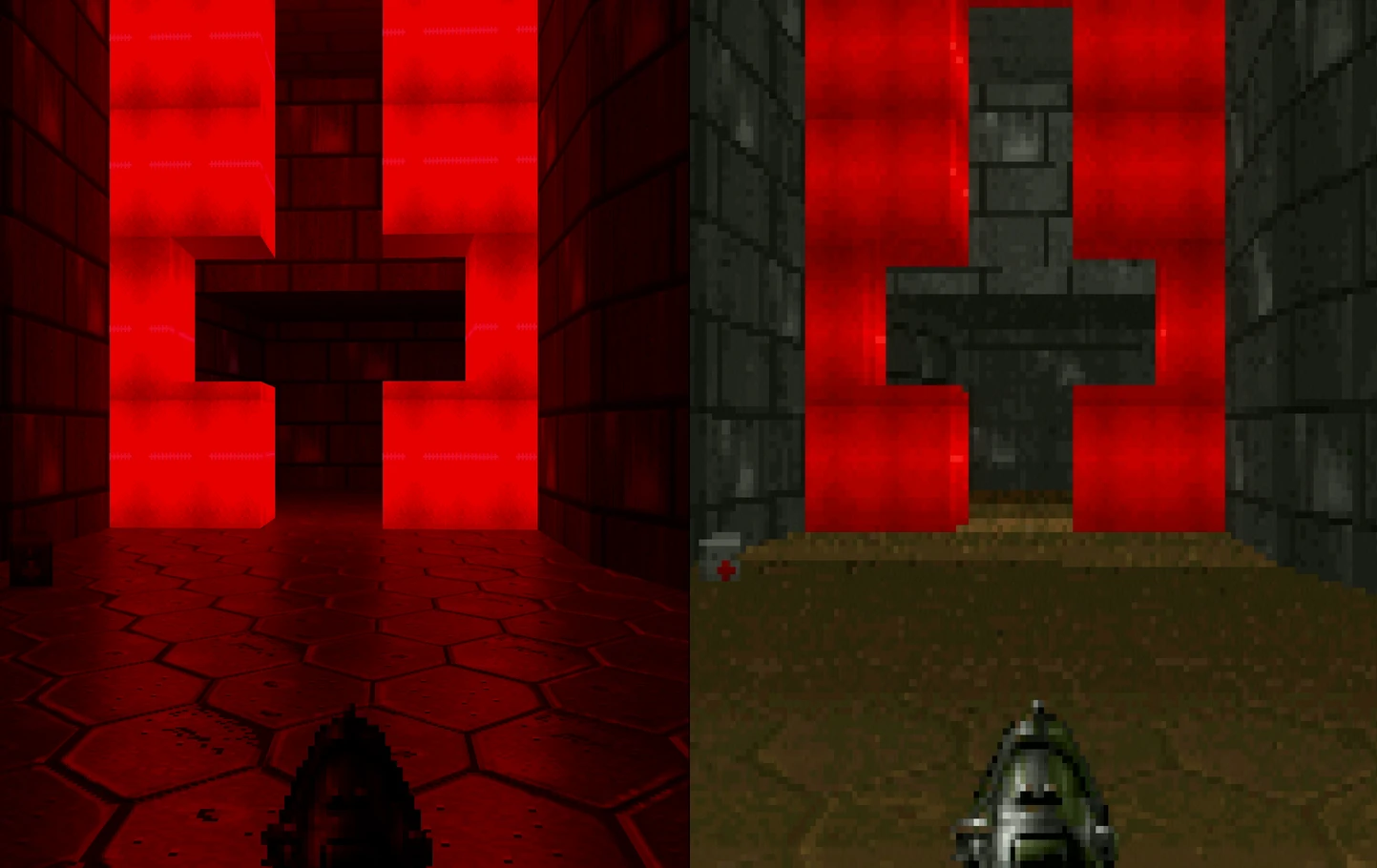 Comparación lado a lado de nivel en Doom II con y sin iluminación roja con ray tracing de PrBoom