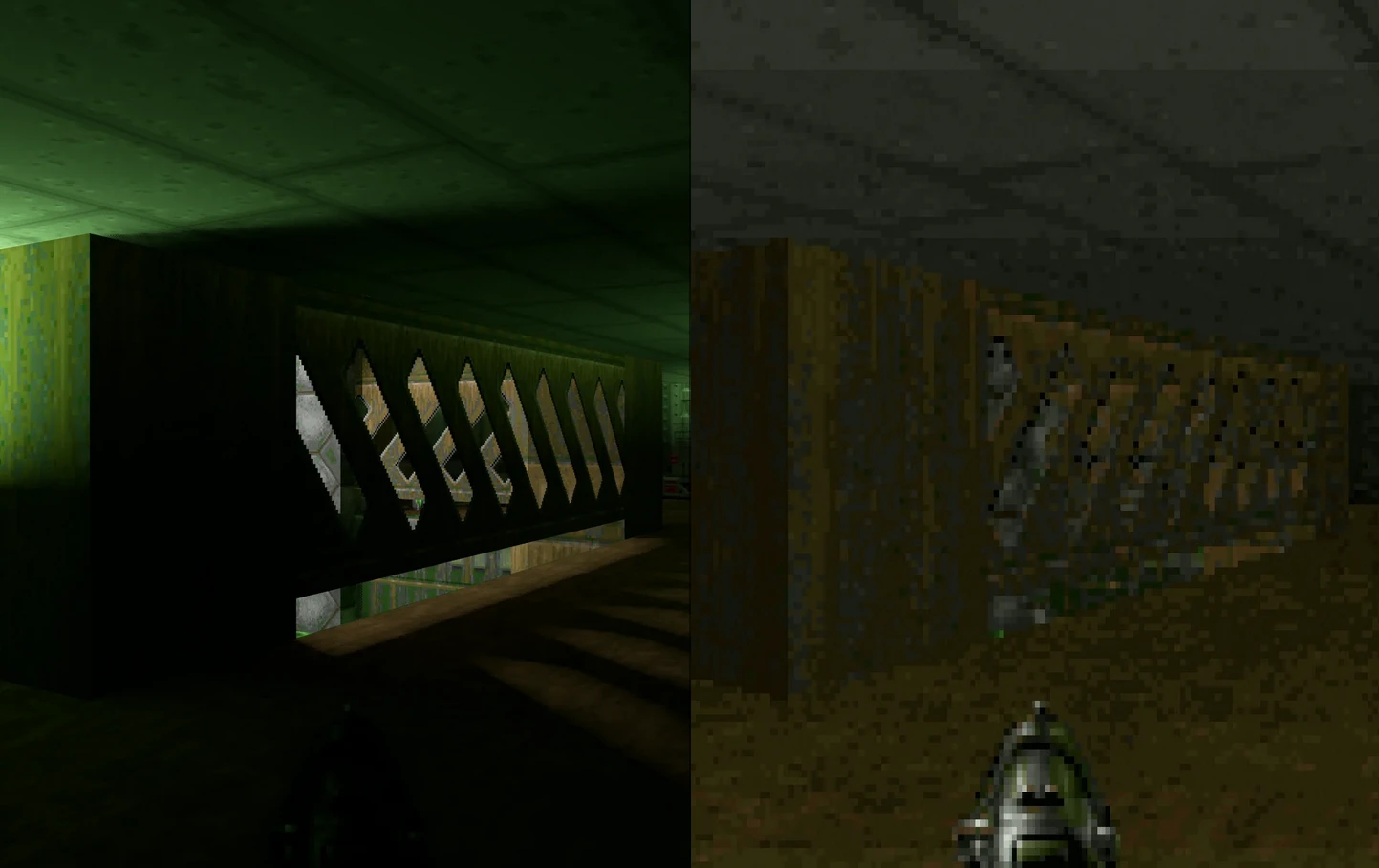 Vista lateral de escenas de Doom II mostrando gráficos clásicos a la derecha y mod de iluminación ray traced mejorada a la izquierda