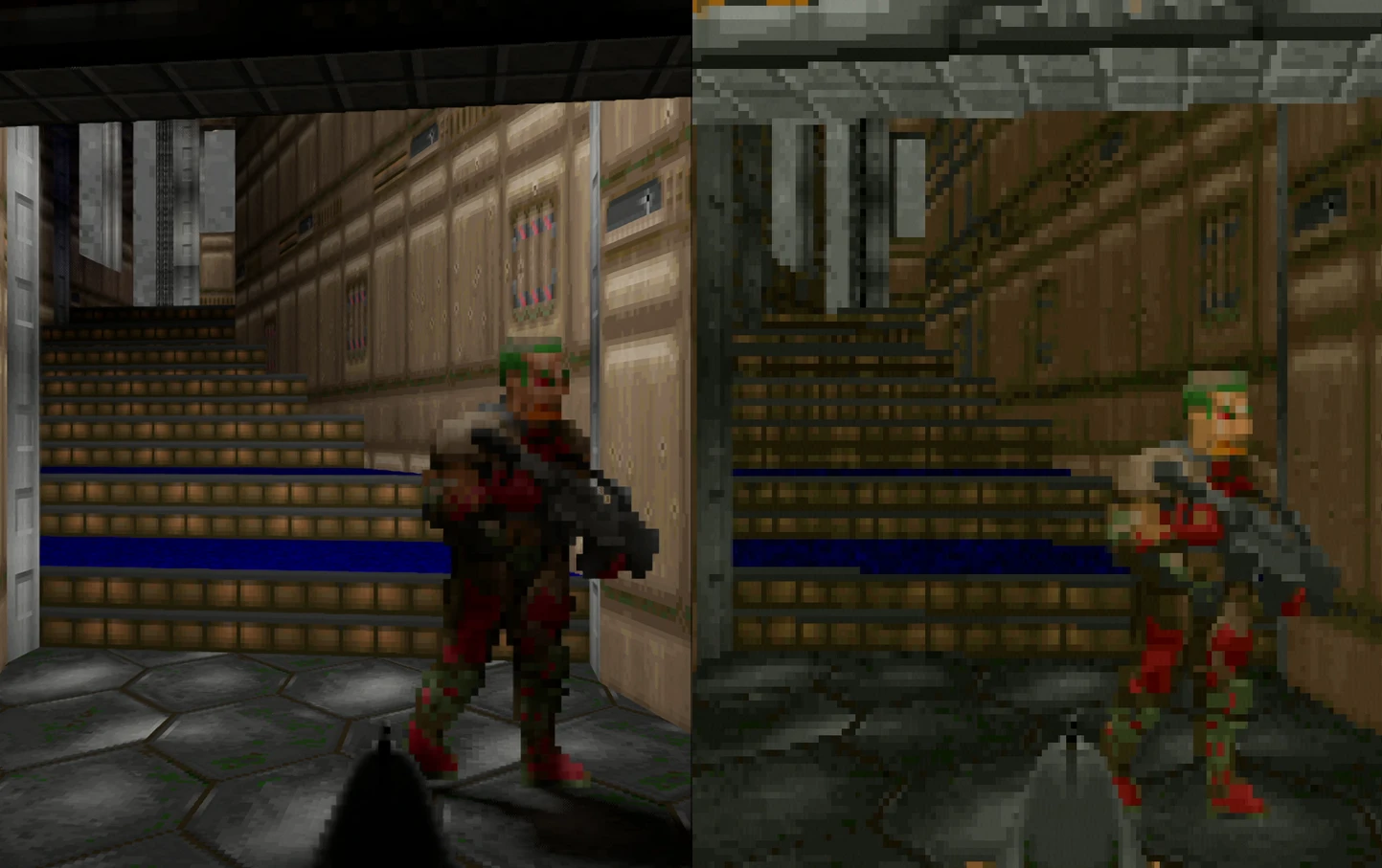 Comparación lado a lado del jugador de Doom II con escopeta bajo iluminación original y con trazado de rayos