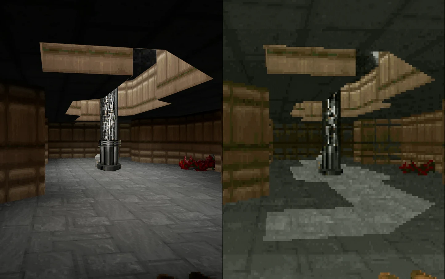 Escena de Doom II mostrando comparación lado a lado entre gráficos pixelados clásicos y mejora de iluminación por trazado de rayos