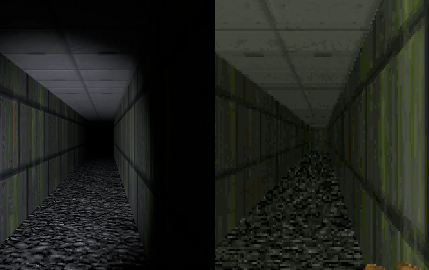 Comparación junto a lado de un pasillo oscuro en Doom II mostrando gráficos originales pixelados al lado del efecto de iluminación con trazado de rayos