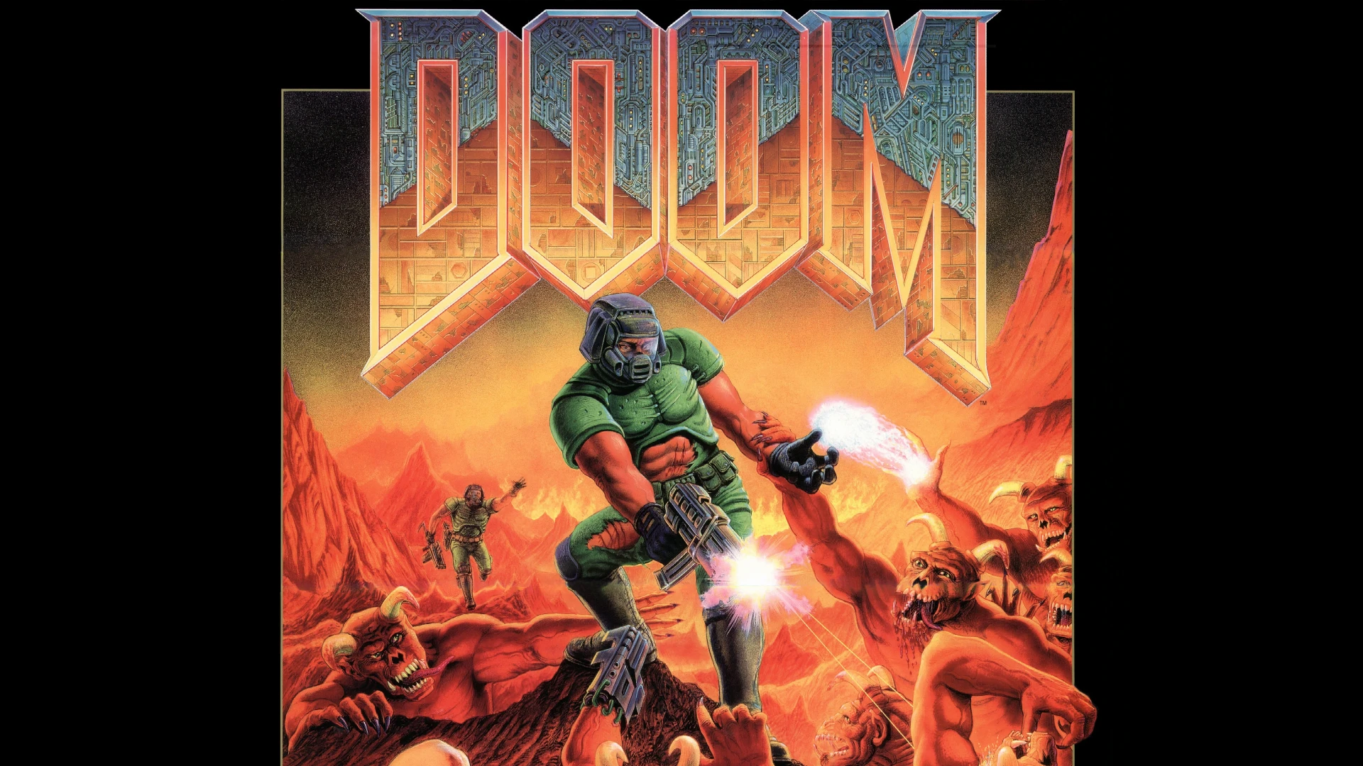 Arte de portada de Doom II con marine disparando a demonios rojos atacantes en paisaje montañoso y ardiente