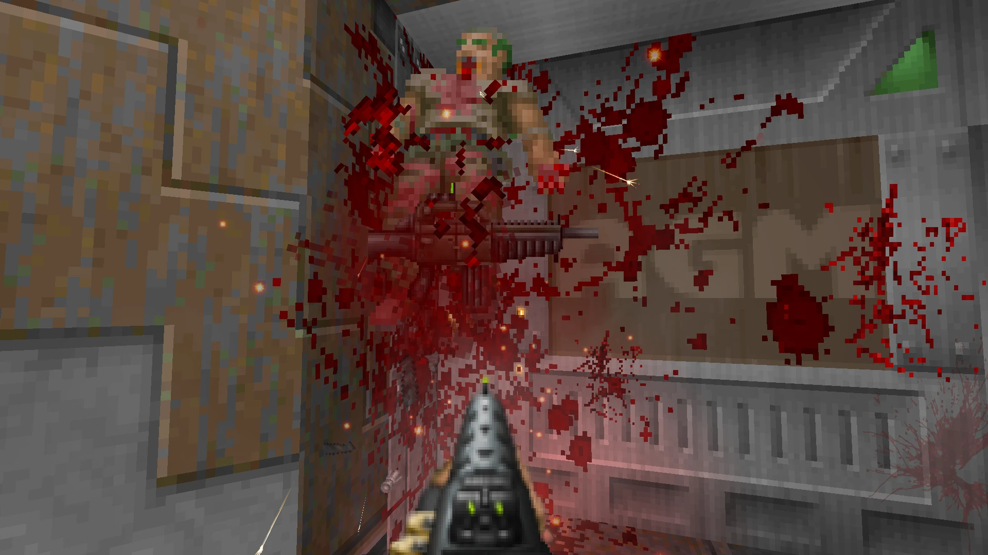 First-person view shooting in Doom II Project Brutality mod with intense blood splatter on pixelated walls