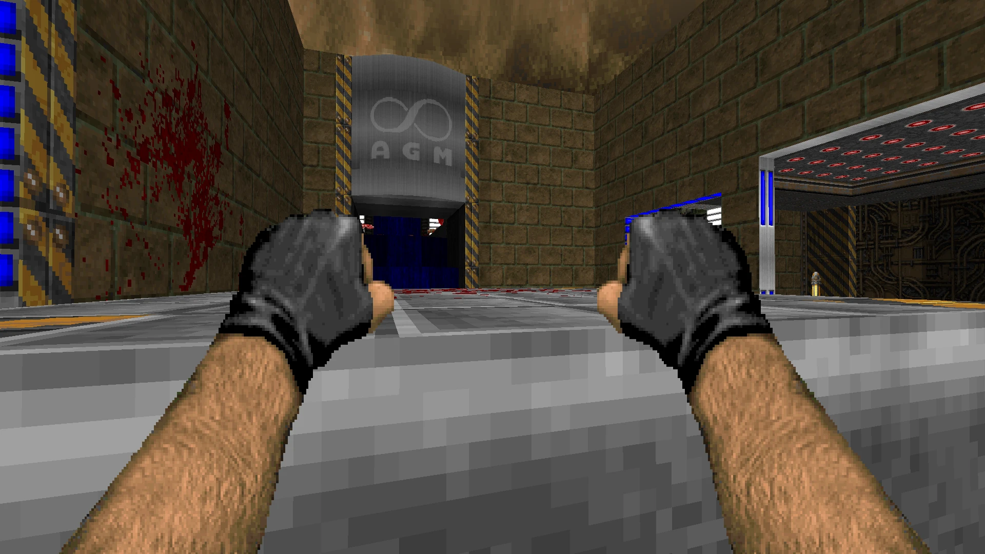 Player's gloved fists visible in a brown and gray corridor with blood splatters in Doom II mod Project Brutality