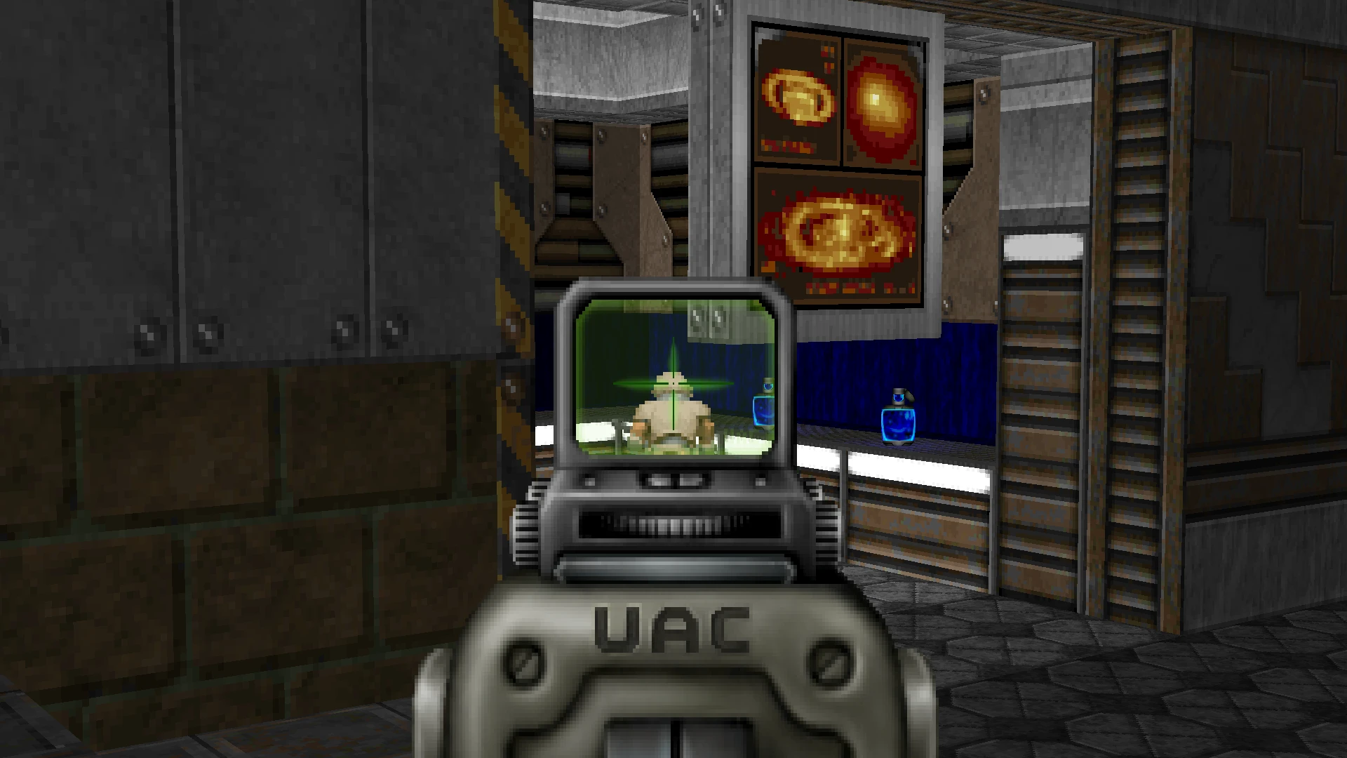 First-person view through UAC gun scope targeting an enemy in a corridor with blue bottles