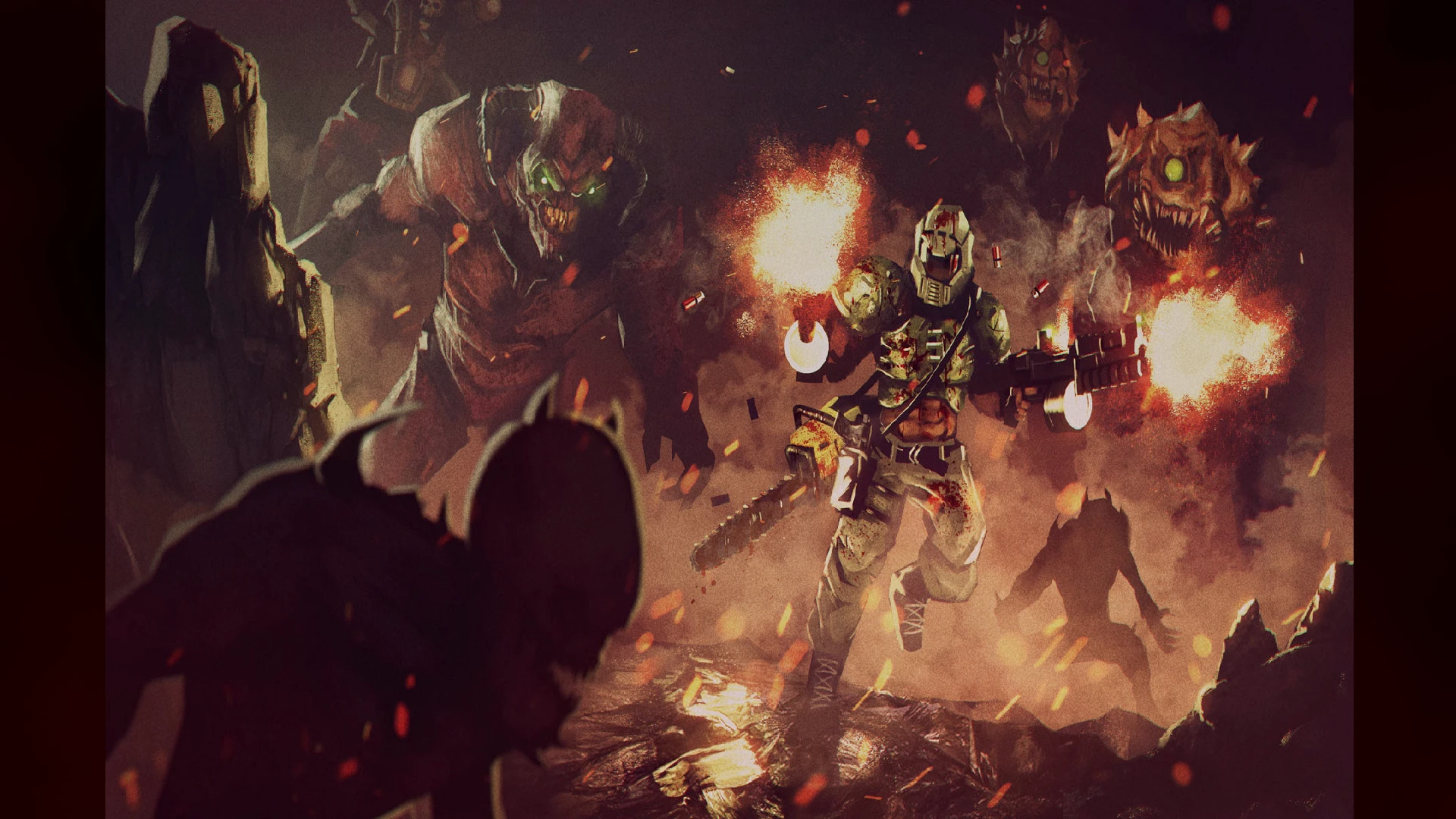 Armored marine fighting multiple demonic creatures with guns and chainsaw in fiery dark environment