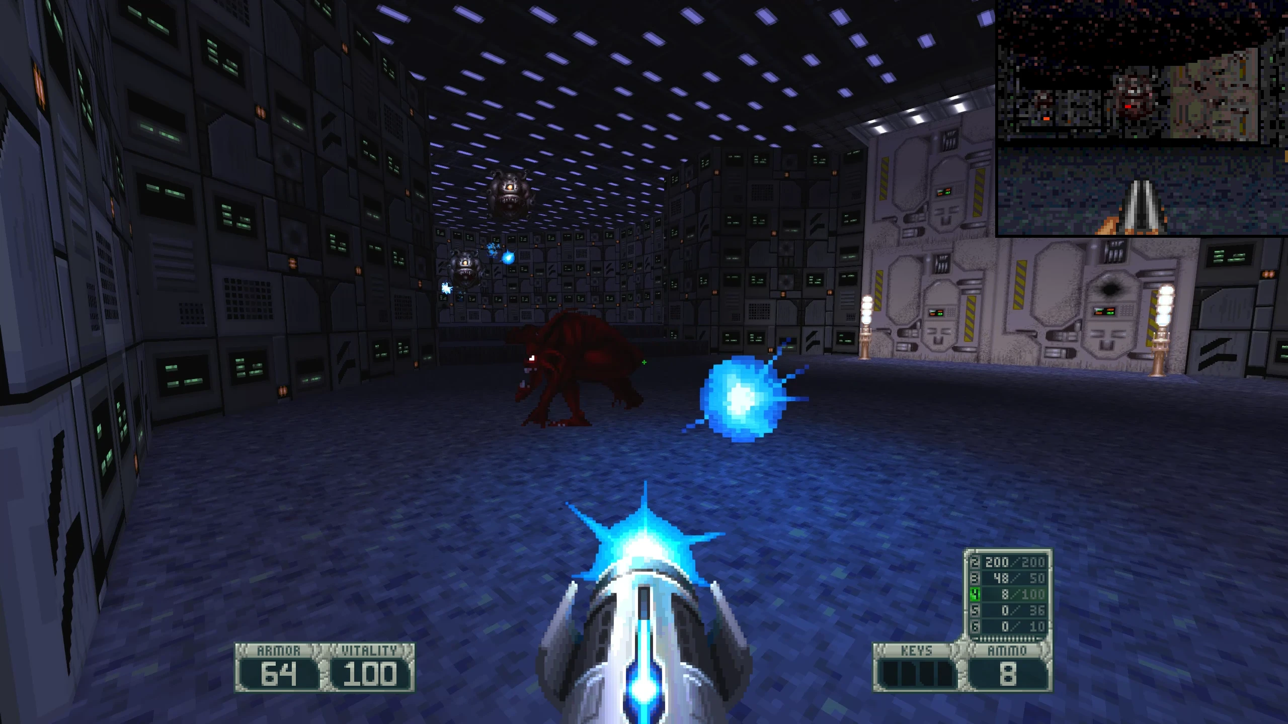 Gameplay screenshot showing player firing a blue energy weapon at enemies inside a futuristic room in Doom II mod Project Osiris