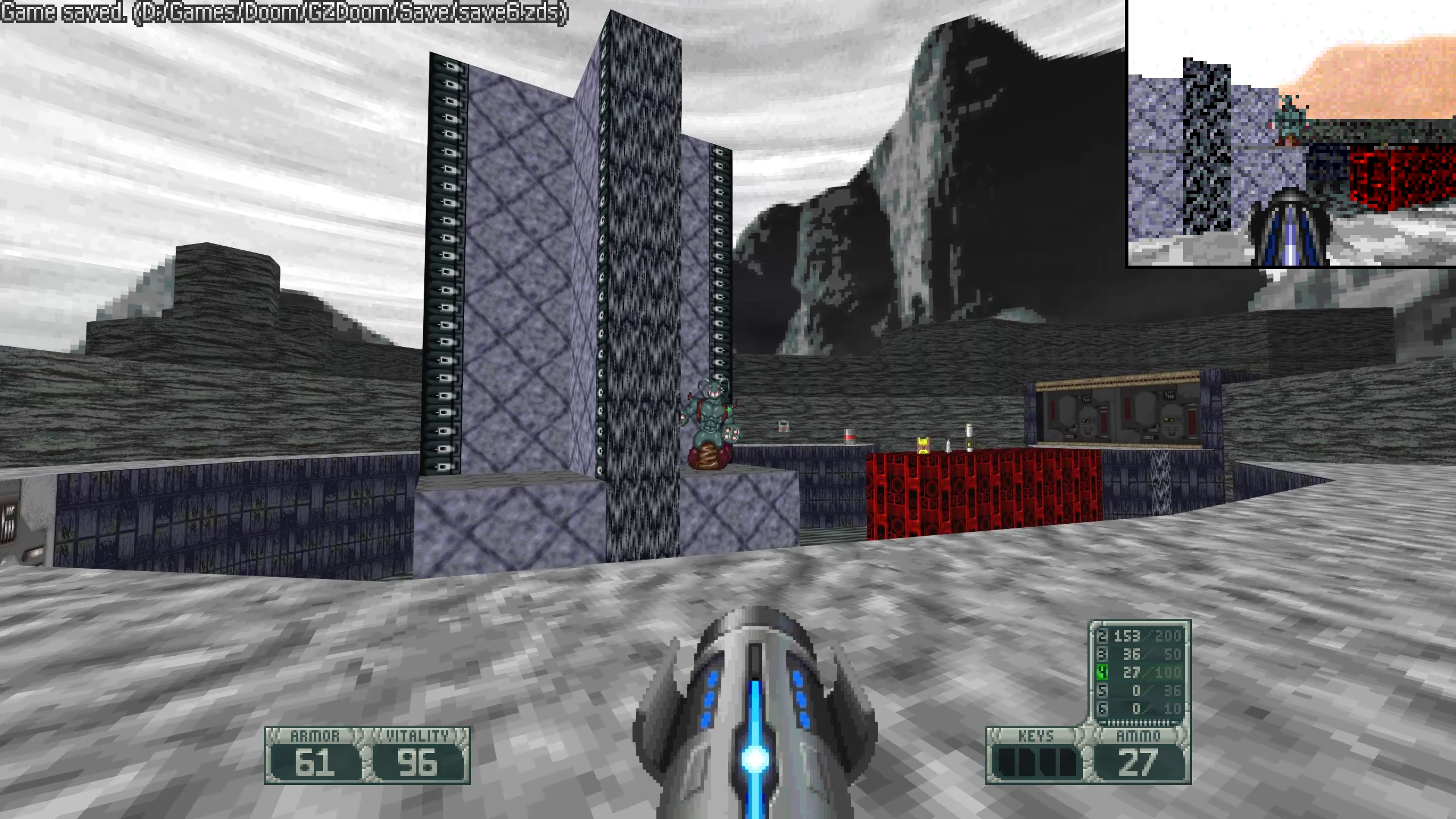 First-person view in Doom II Project Osiris mod showing weapon aimed at enemy on rocky, futuristic map