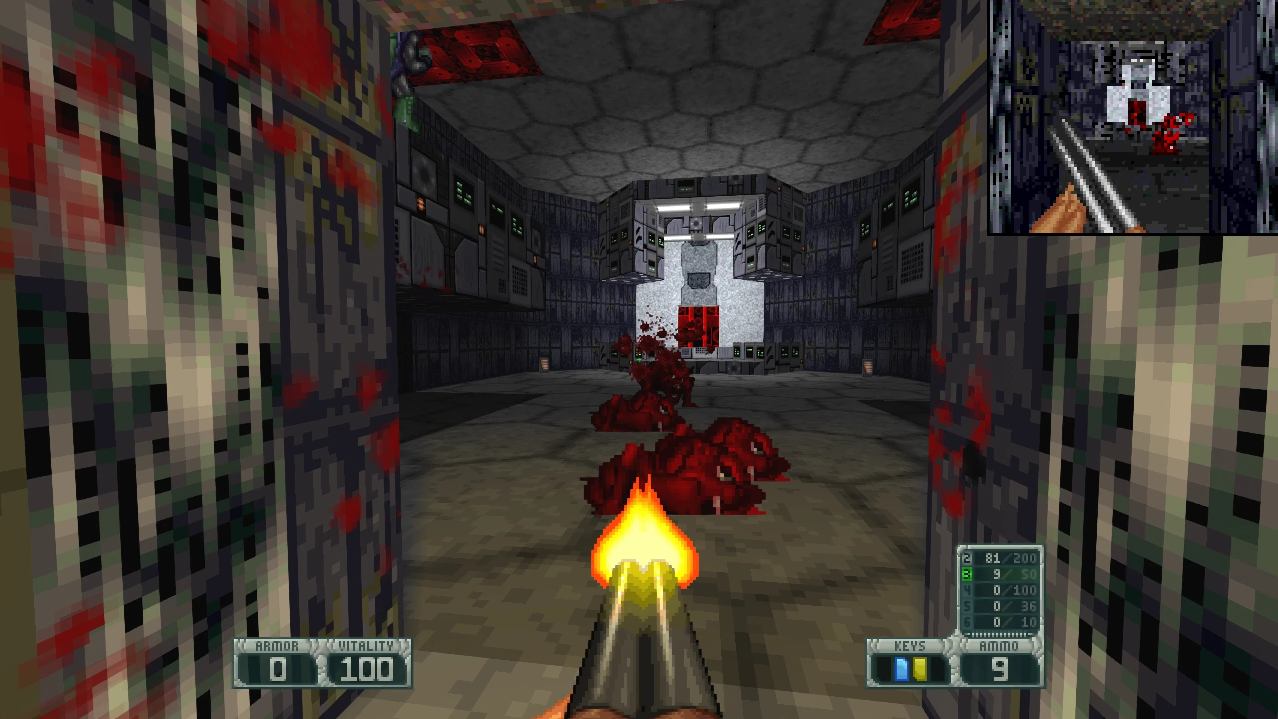 First-person view shooting bloodied demon corpses in a futuristic, tech-filled room in Doom II Project Osiris mod