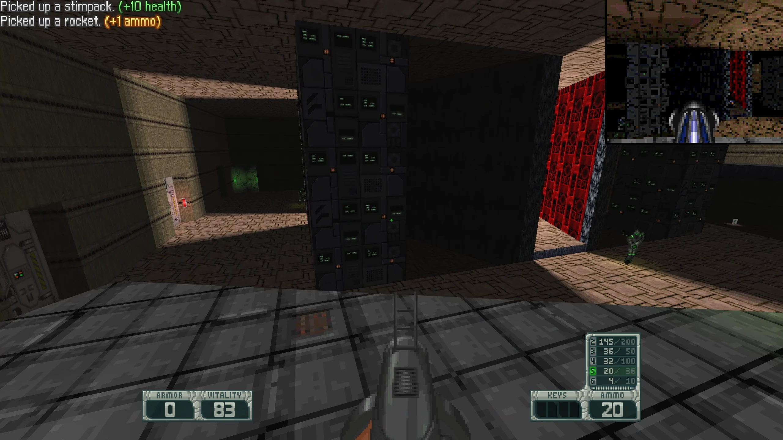 Gameplay screenshot showing a first-person view in Doom II mod Project Osiris with detailed textures and ammo HUD