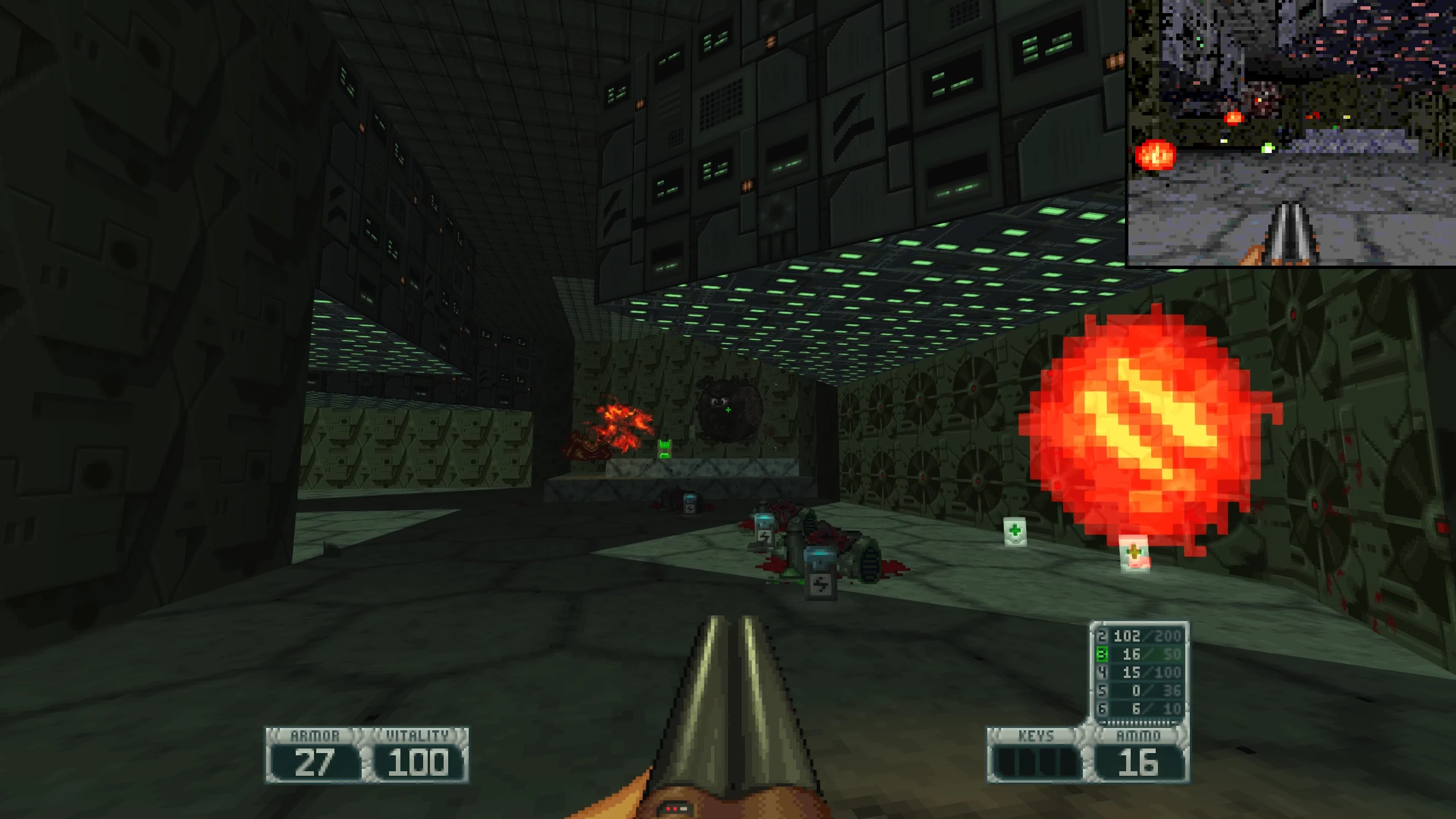 First-person view in Doom II Project Osiris mod with shotgun, fiery explosion, health packs, and futuristic walls