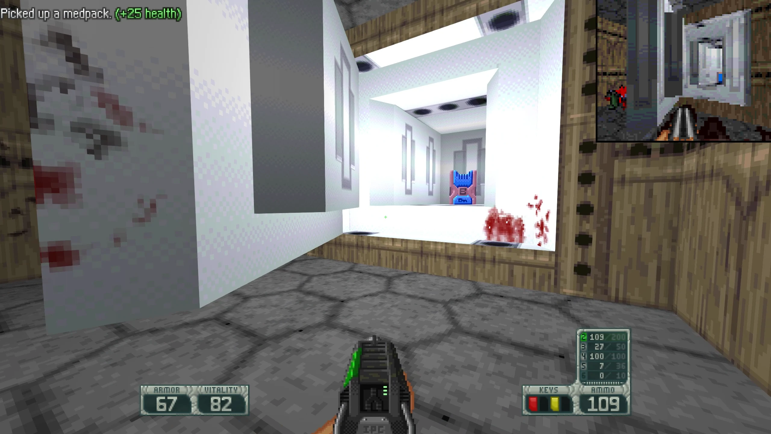 First-person view of a futuristic white corridor with health pack and player HUD in Doom II Project Osiris mod
