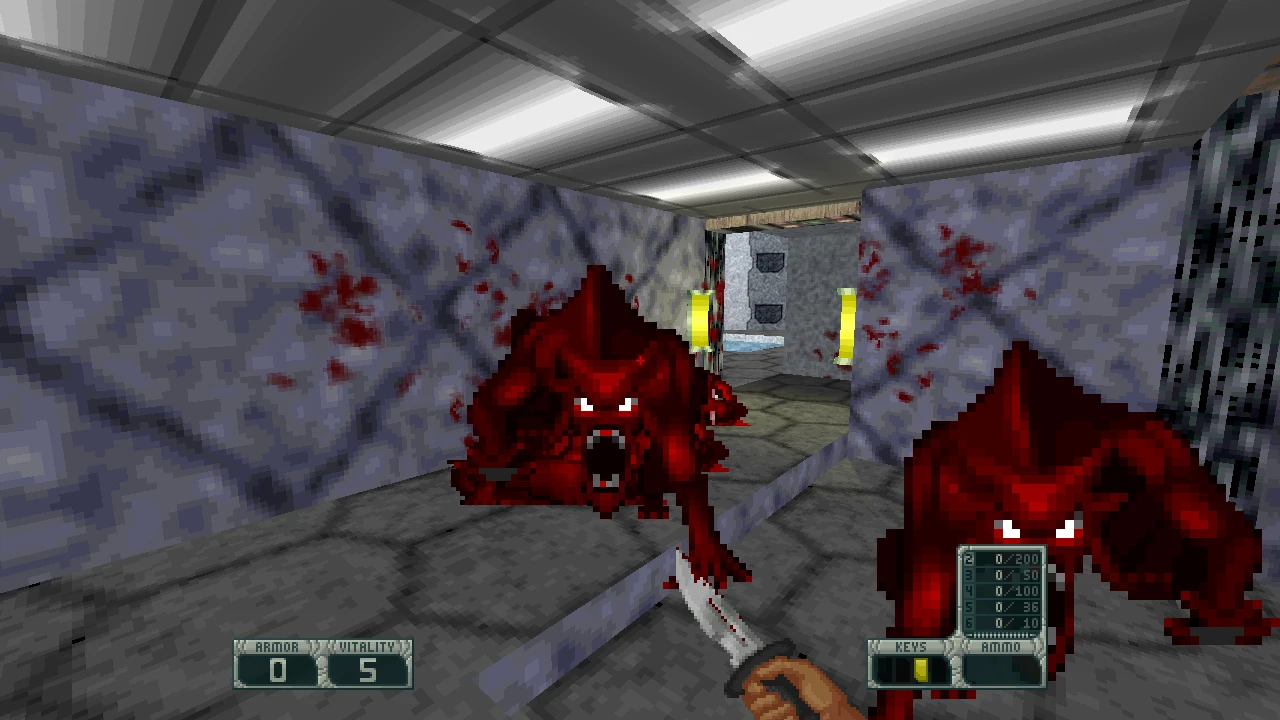 First-person view in Doom II mod Project Osiris showing two red demons attacking in a dimly lit corridor