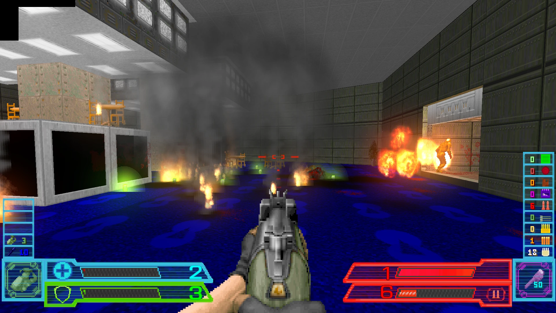 First-person view of shooting in a futuristic indoor environment with fire and explosions in Doom II Project Survival mod