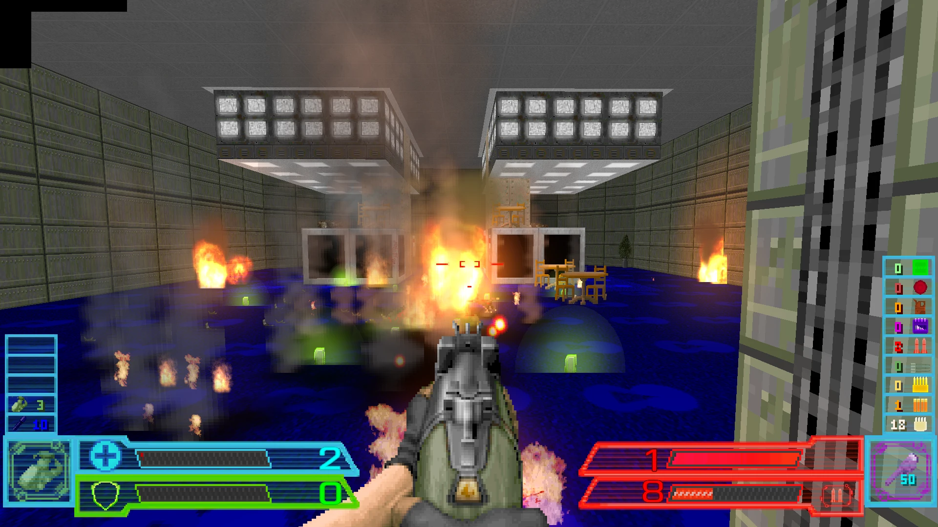 First-person shooter view showing gunfire and explosions inside a high-tech room with blue floor and HUD