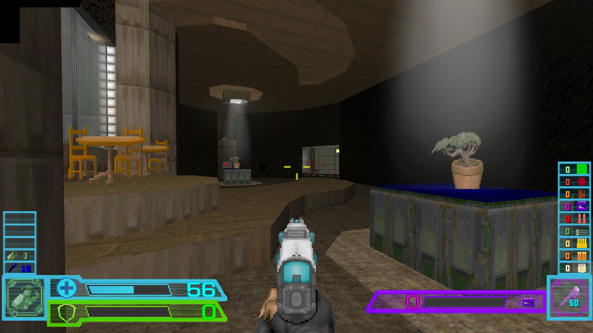 First-person view inside a dimly lit underground room in Doom II Project Survival mod showing a gun, potted plants, and a small dining setup