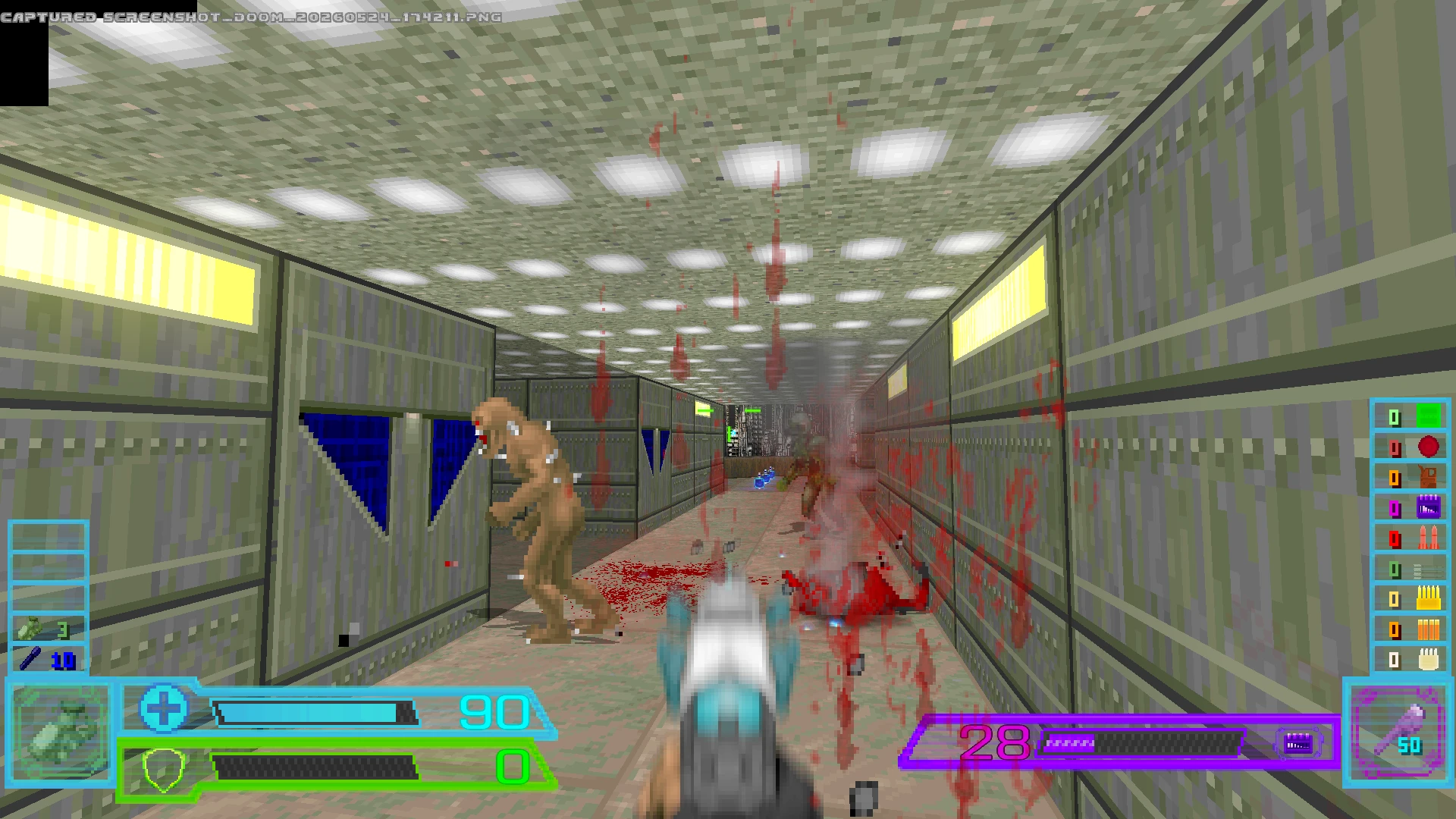 First-person view aiming at two monsters in a sci-fi corridor with visible health and ammo HUD