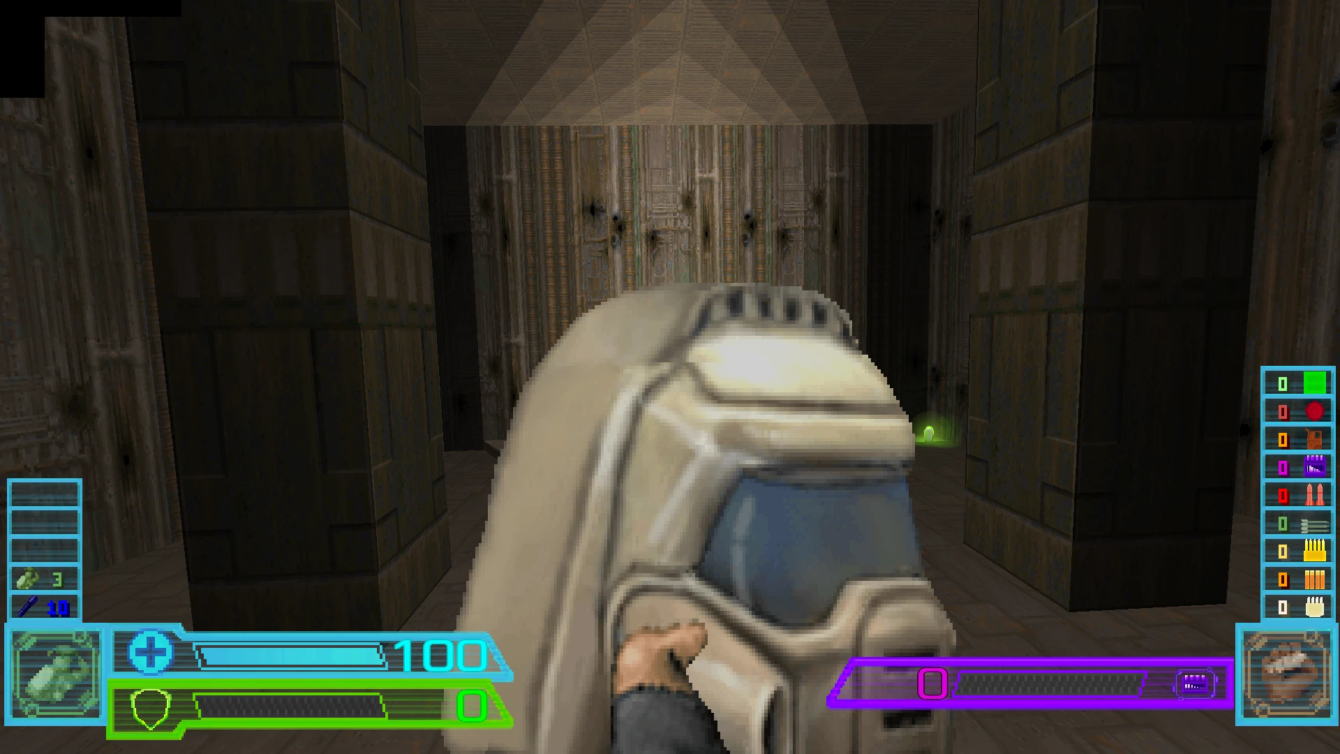 Screenshot of Doom II Project Survival mod showing futuristic weapon held in a dark, industrial corridor