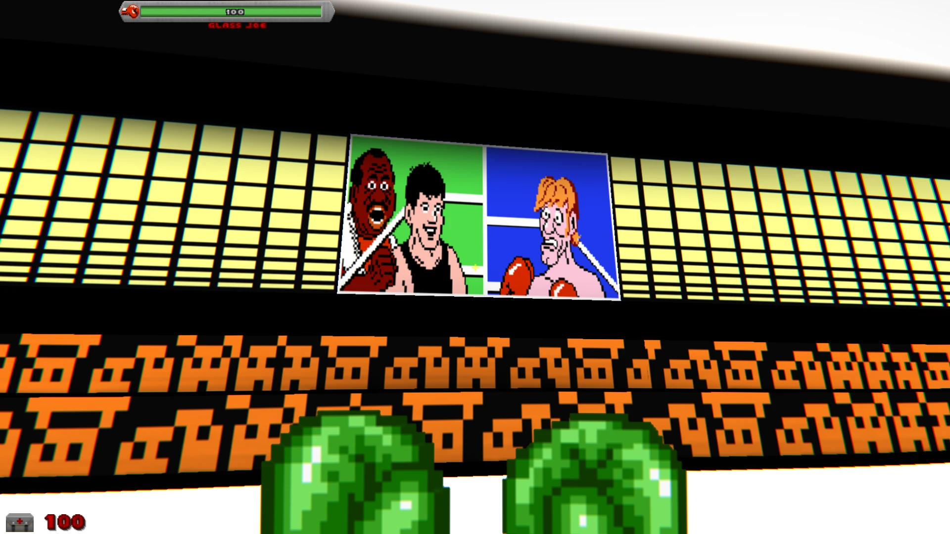 Pixelige Boxkampf-Anzeigetafel mit zwei Kämpfern im Doom II Punch-out Doom Mod