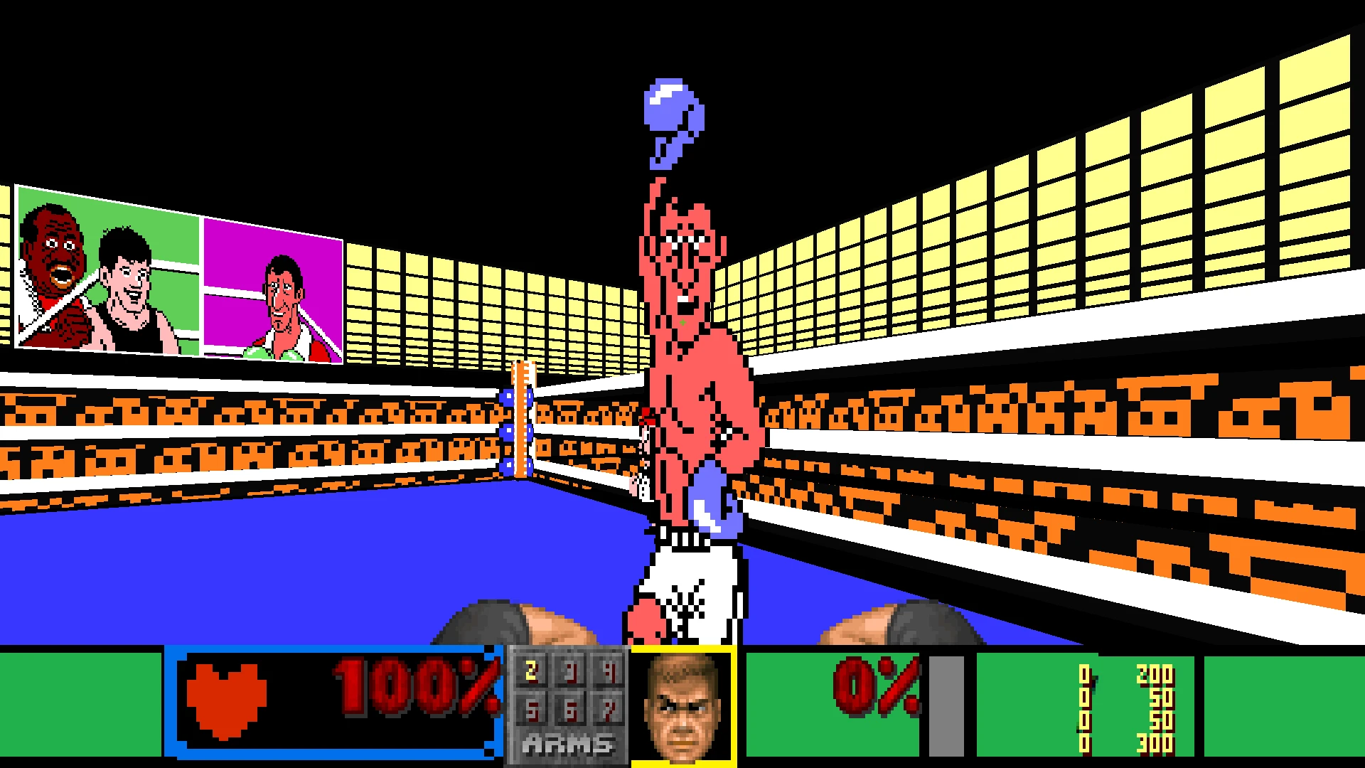 Pixel-Art-Boxring-Szene aus Doom II Punch-out Doom Mod mit Boxer, der Handschuh hebt