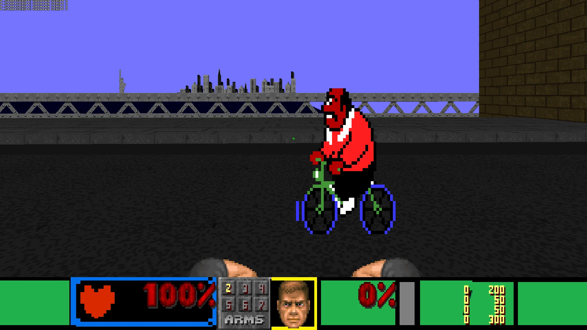 Screenshot des Doom-II-Mods Punch-out Doom mit pixeligem Boxer-Gegner auf Brücke vor Stadtansicht