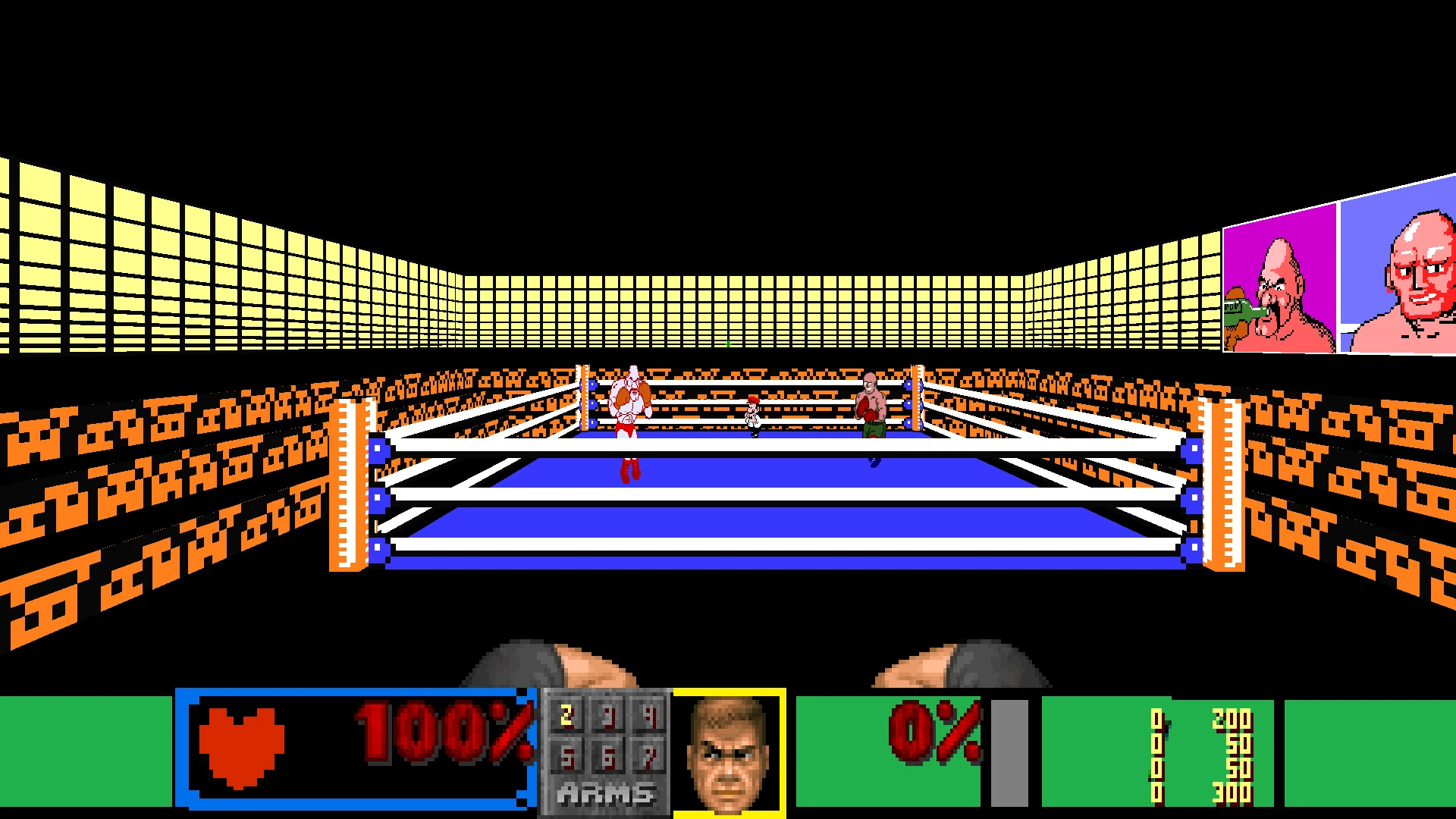 Spielgrafik von Doom II mit Punch-out Doom Mod, zeigt blauen Boxring und pixelige Kämpfer