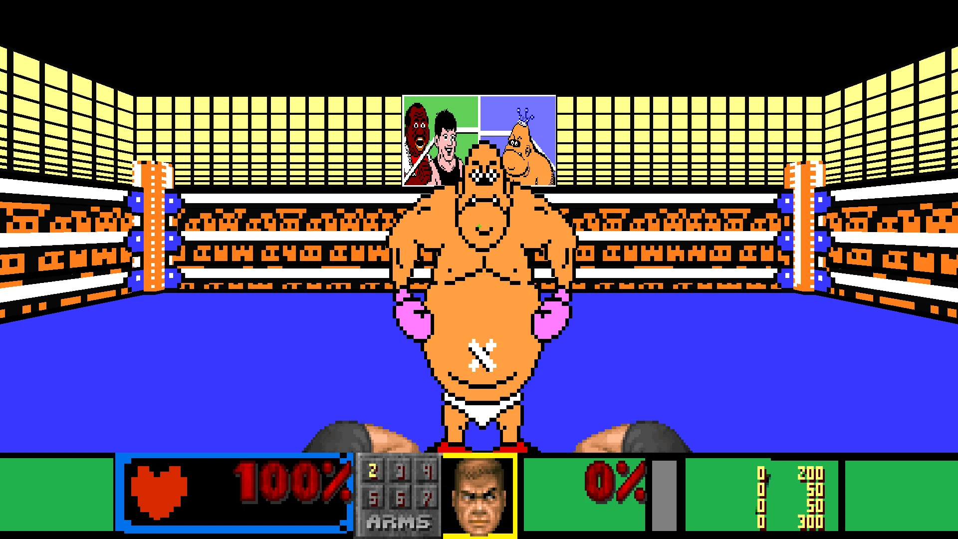 Erste-Person-Ansicht eines Boxkampfes gegen einen großen pixeligen Gegner im Doom II Mod Punch-out Doom