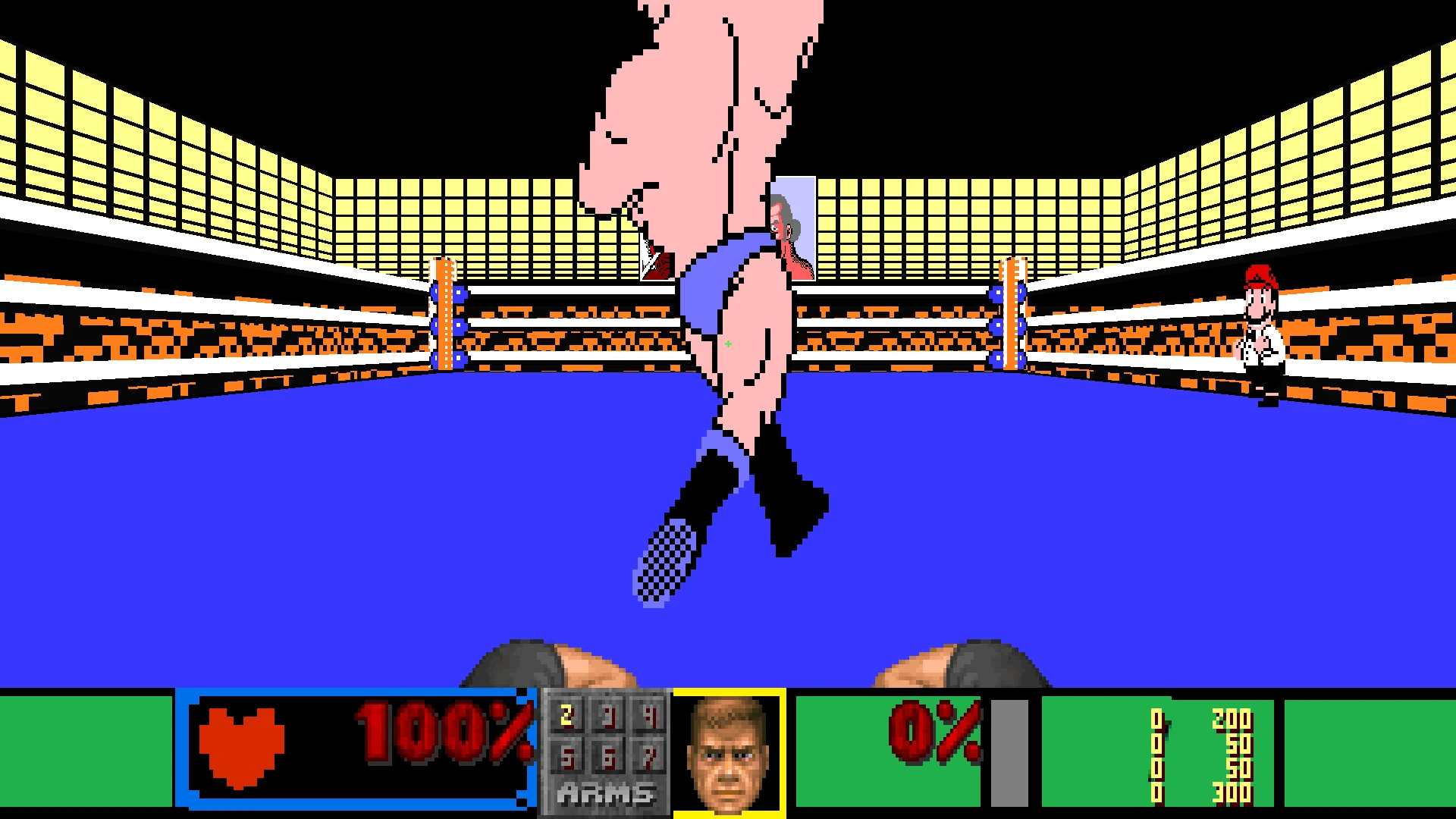 Pixelige Boxring-Arena aus der Ego-Perspektive mit Spielerhandschuhen und Gegner im Punch-out Doom-Mod