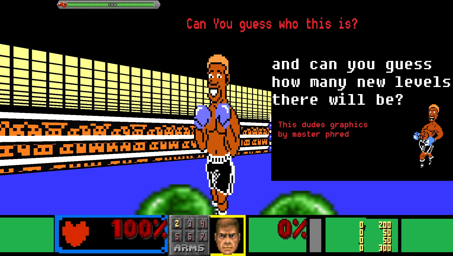 Doom II Gameplay-Screenshot mit pixeligem Boxer im Ring und Anzeige für Gesundheit und Munition