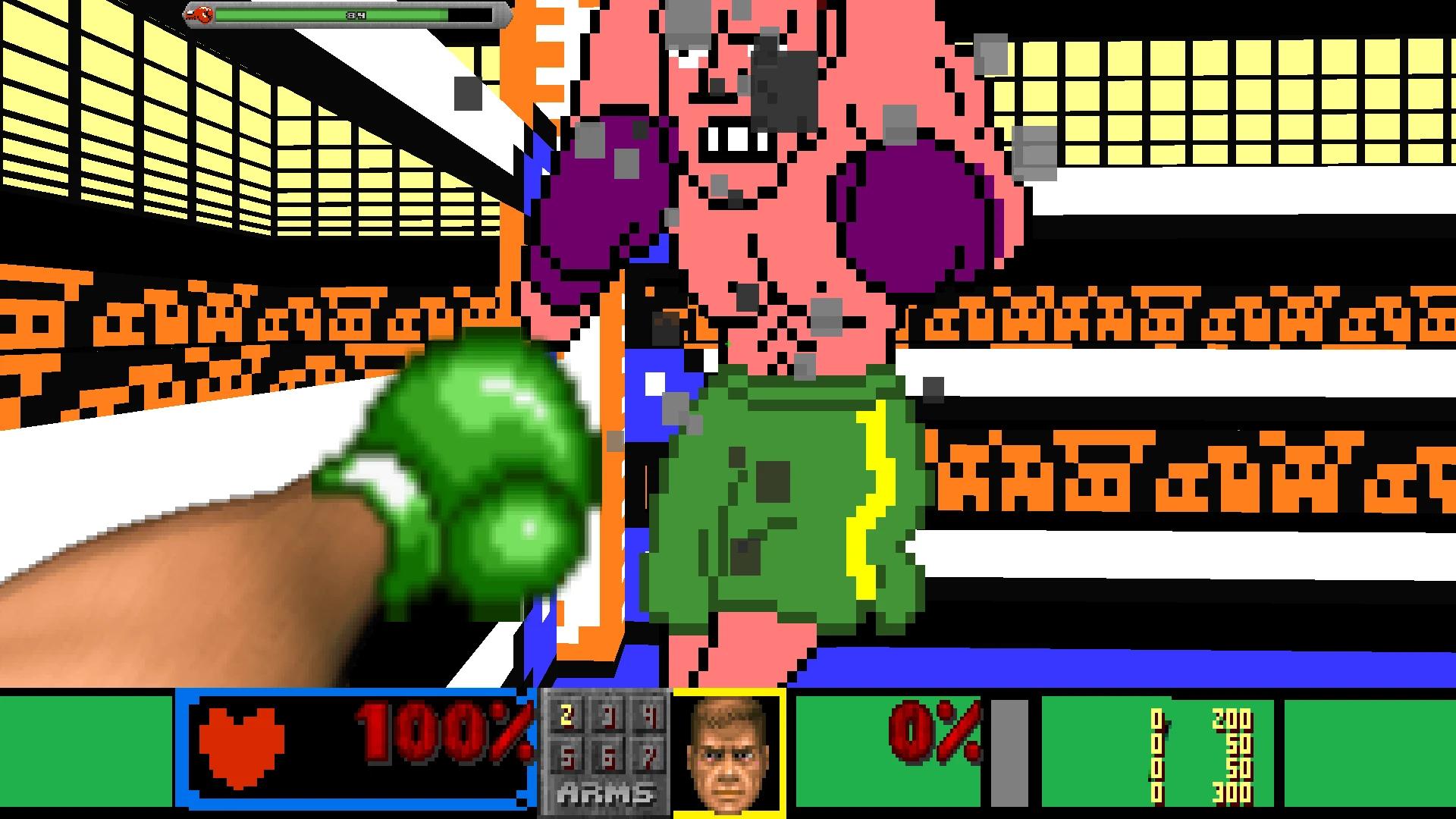 Ansicht grüner Boxhandschuhe, die pixeligen Boxer mit violetten Handschuhen in Doom II Mod schlagen