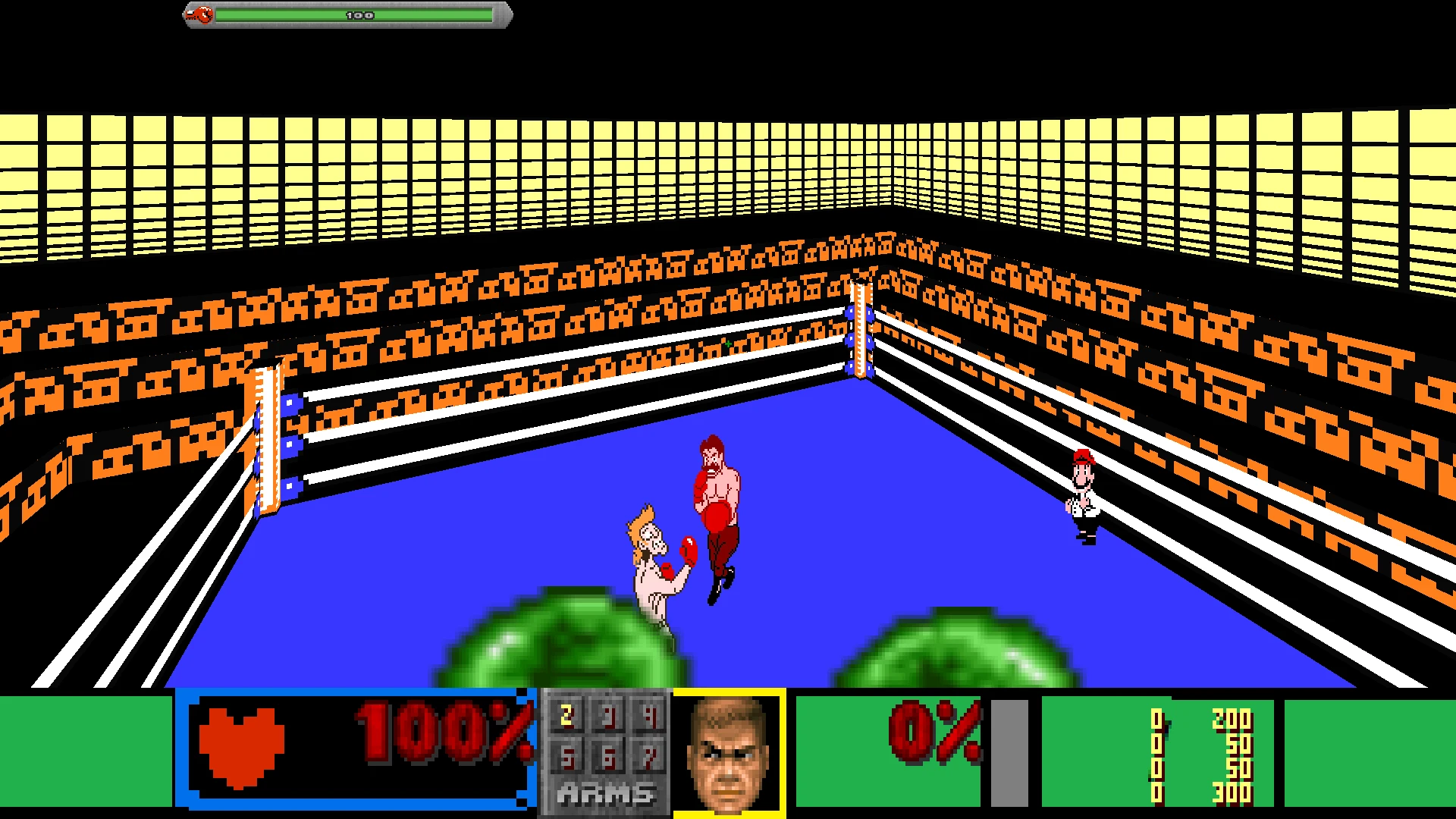 Pixeliger Boxring mit zwei Kämpfern und Schiedsrichter im Doom II Punch-out Doom Mod